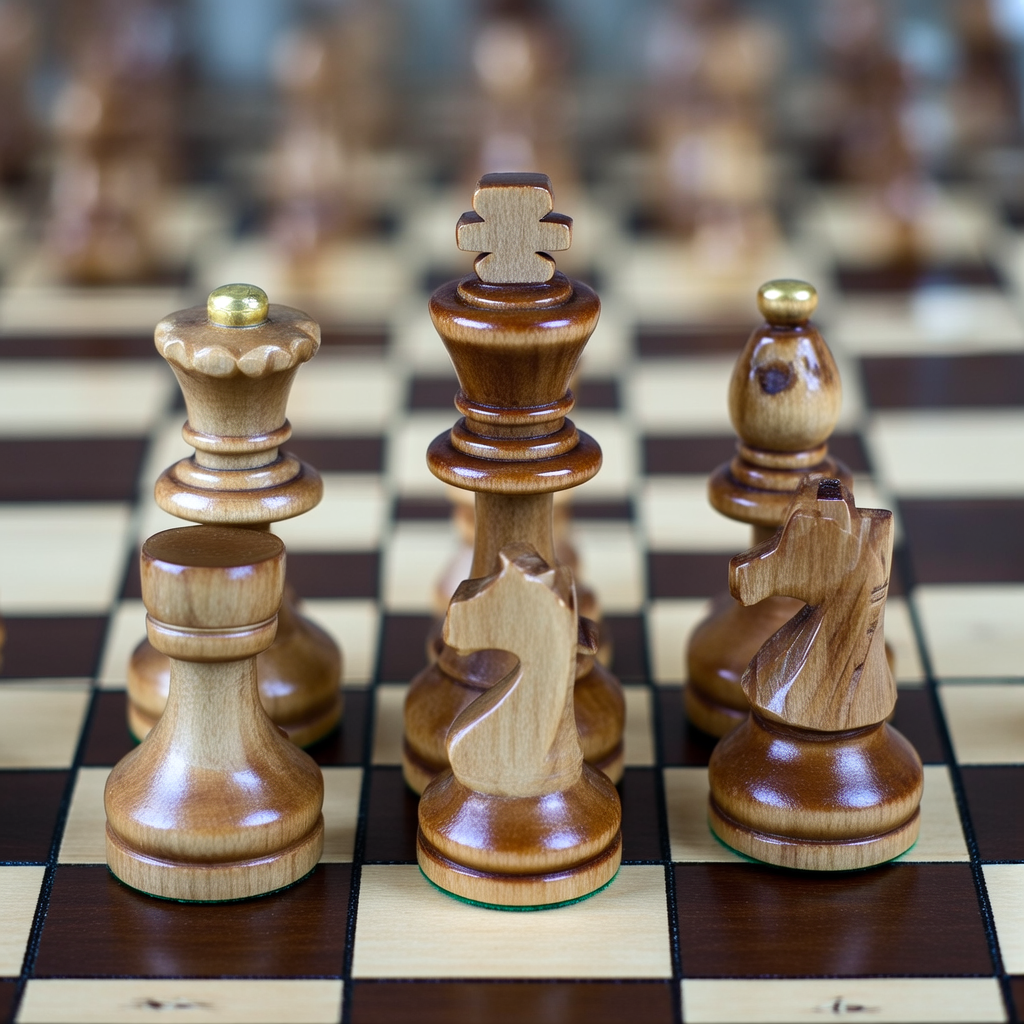 Five chess pieces on a board: a king in the center, a queen 