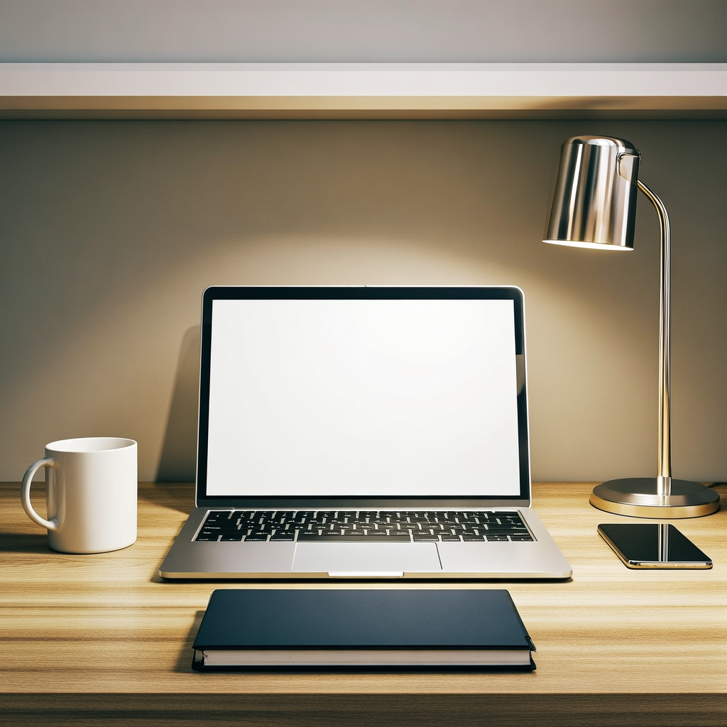 A desk scene: laptop in the center, coffee mug to the left, 