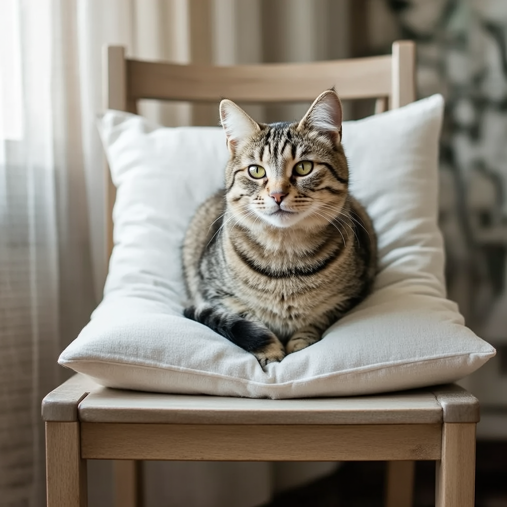 A cat sitting on a pillow, the pillow placed on a wooden cha