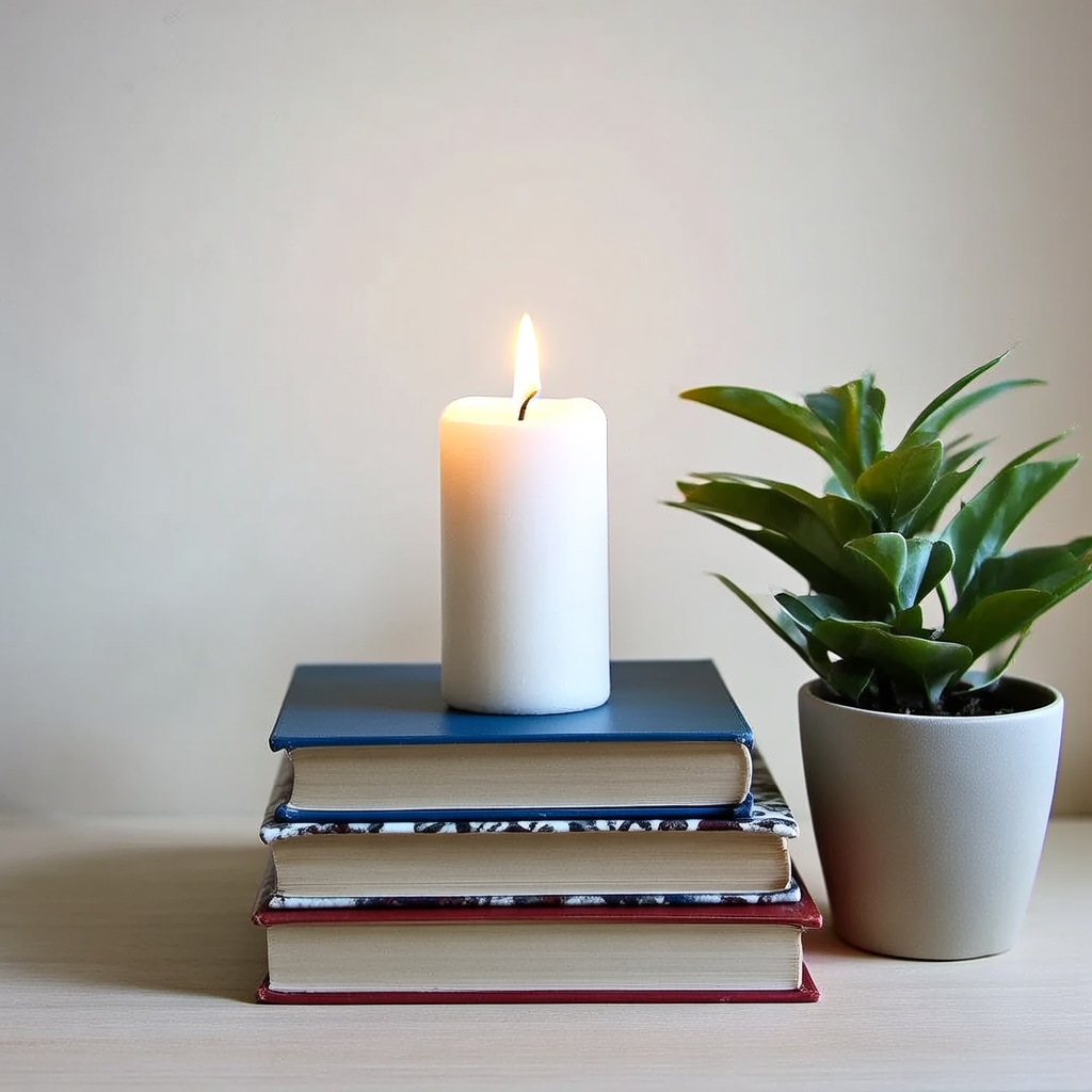 A candle on top of a stack of books, the books next to a pot