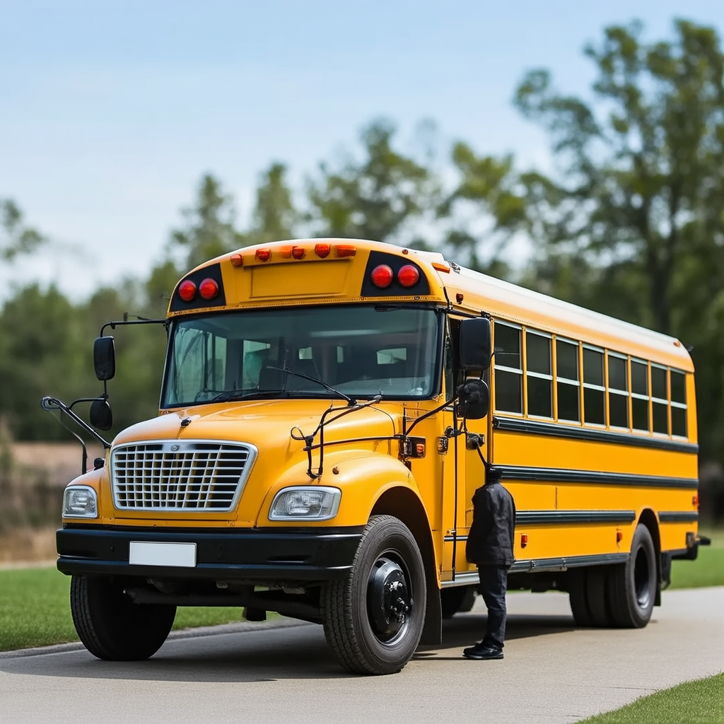 A person standing next to a yellow school bus, showing reali