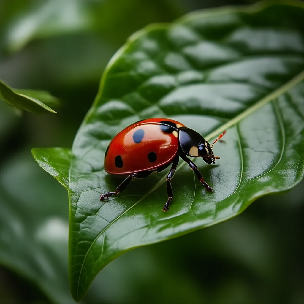 A ladybug sitting on a large green leaf, shown at realistic 