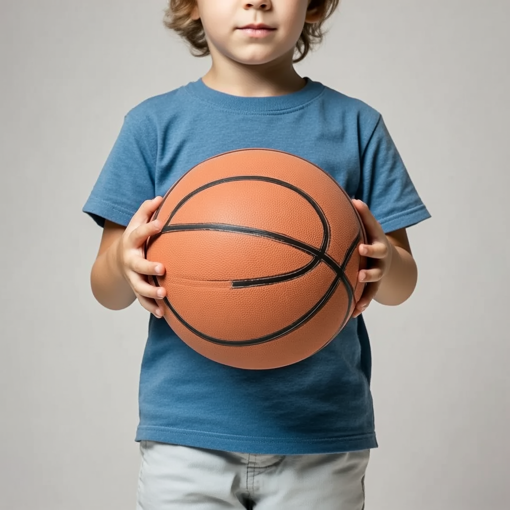 A child holding a basketball, both at correct relative sizes