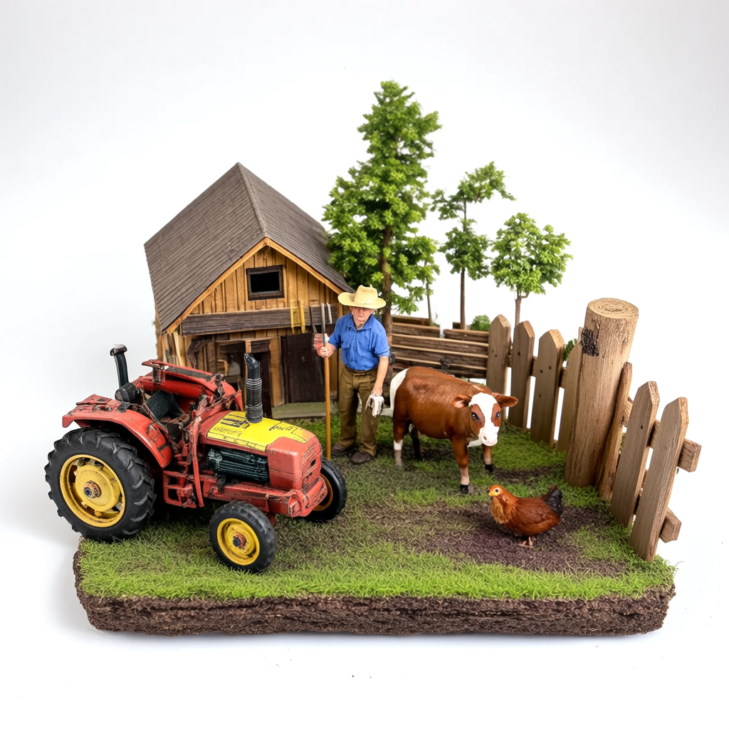 A farm scene with a barn, tractor, farmer, cow, chicken, and