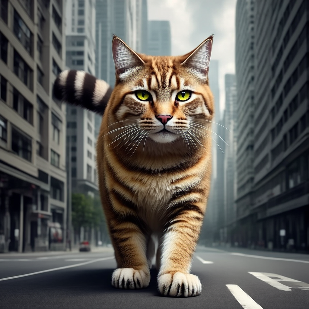 A giant tabby cat walking between city skyscrapers like a ka