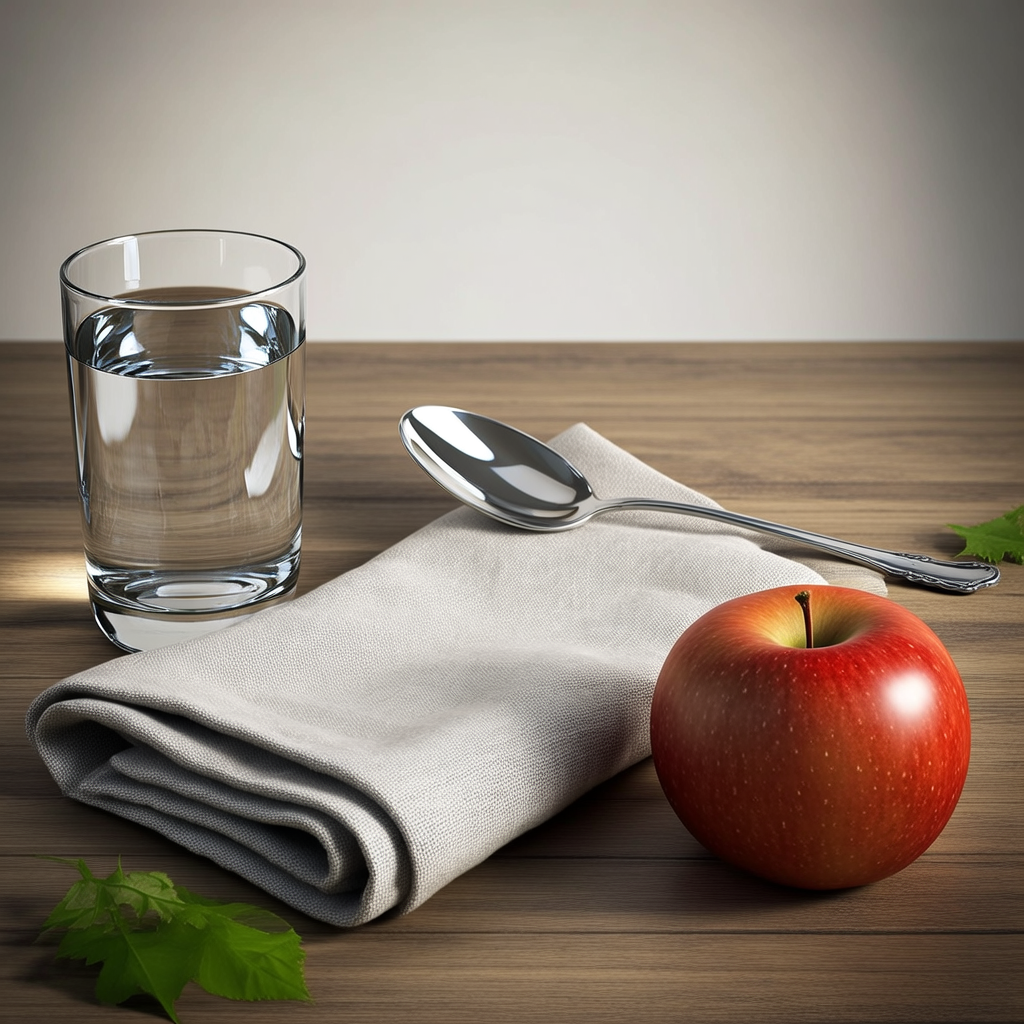 A still life on a wooden table featuring a clear glass of wa