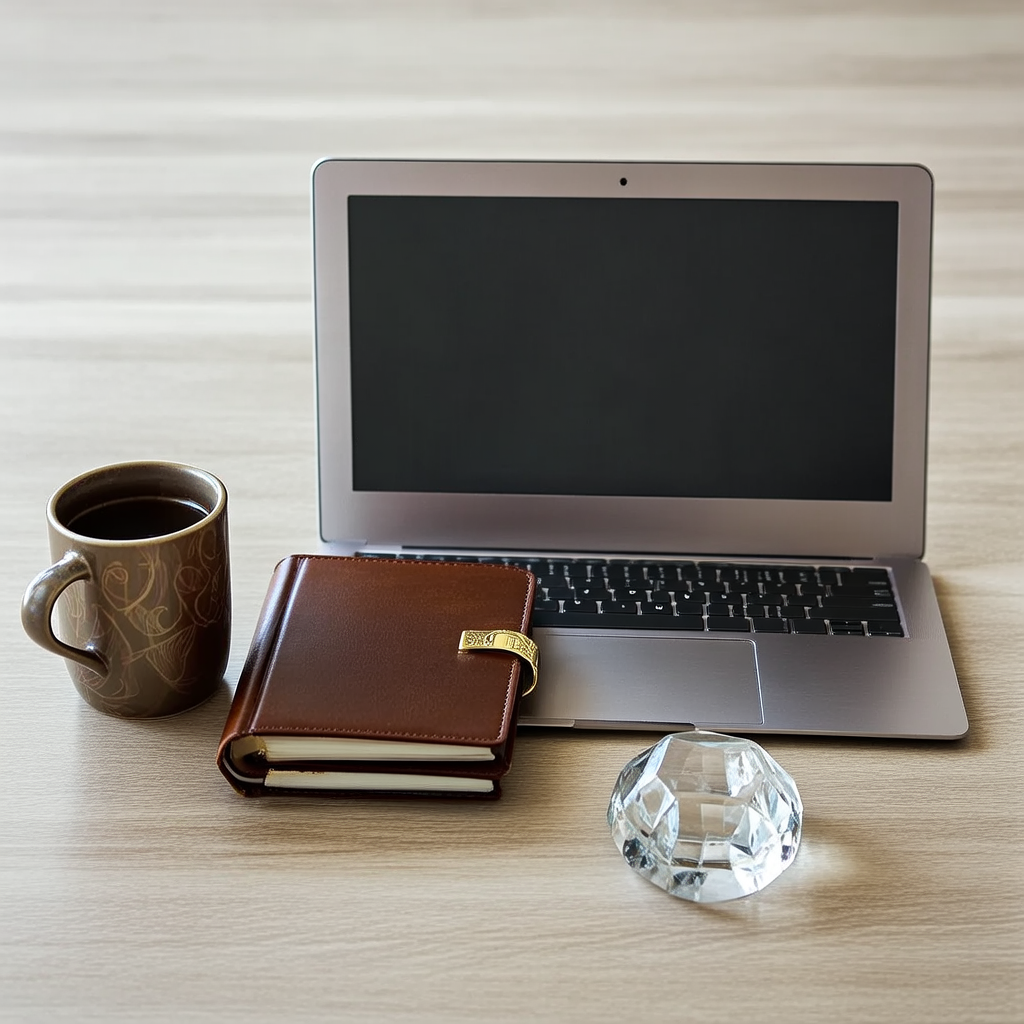A workspace desk with a brushed aluminum laptop, a leather-b