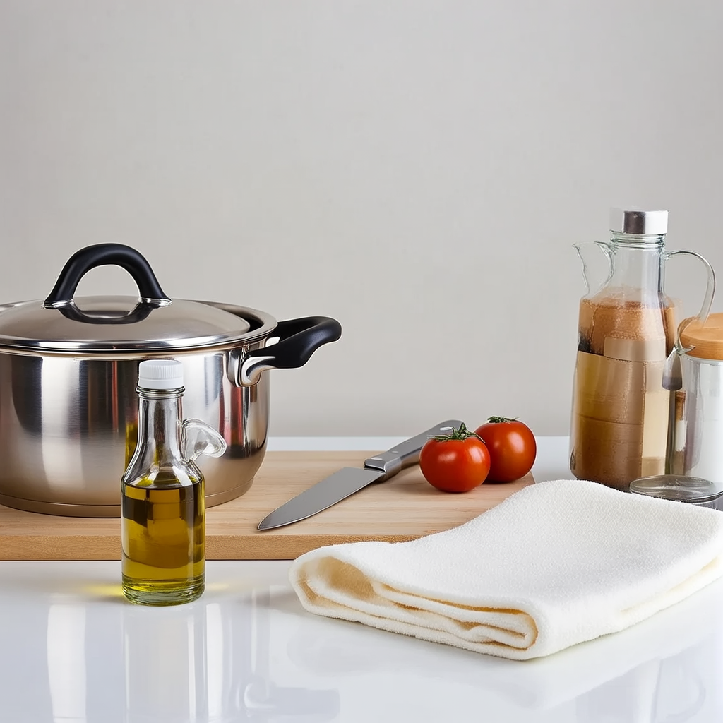 A kitchen counter with a stainless steel pot, a wooden cutti