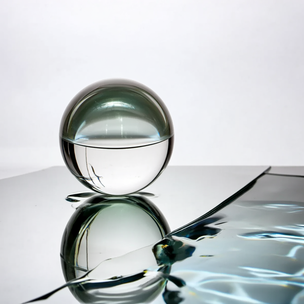 A clear glass sphere sitting on a mirror surface near a pool