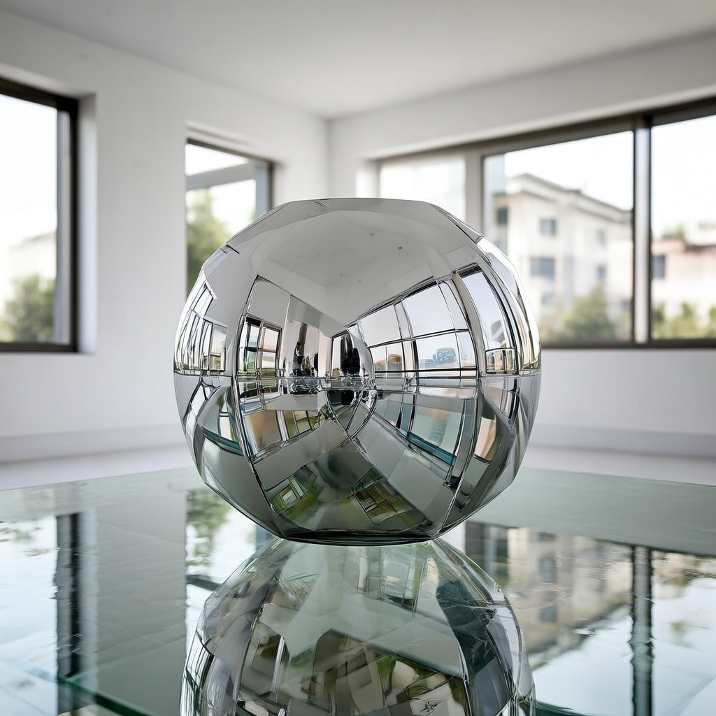 A chrome sculpture in a room with a glass floor and large wi