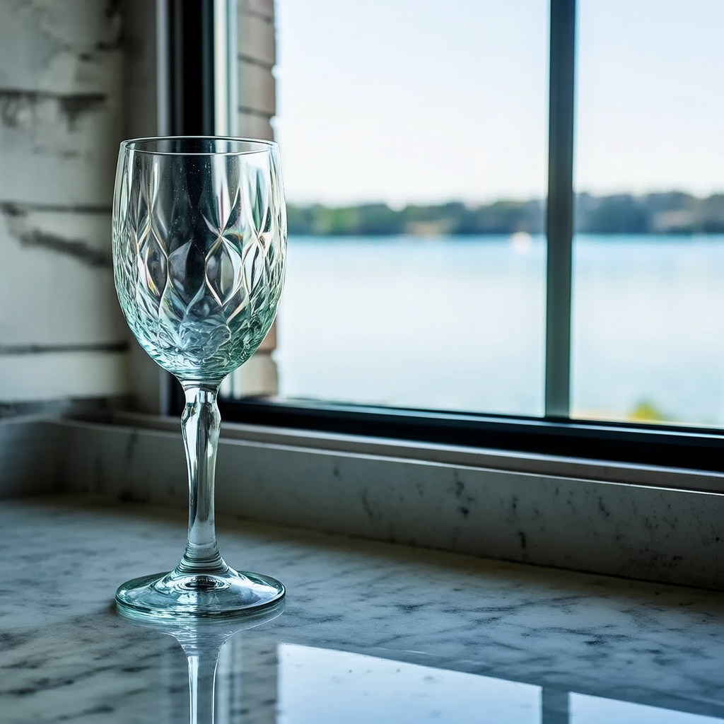 A crystal wine glass on a polished marble counter next to a 
