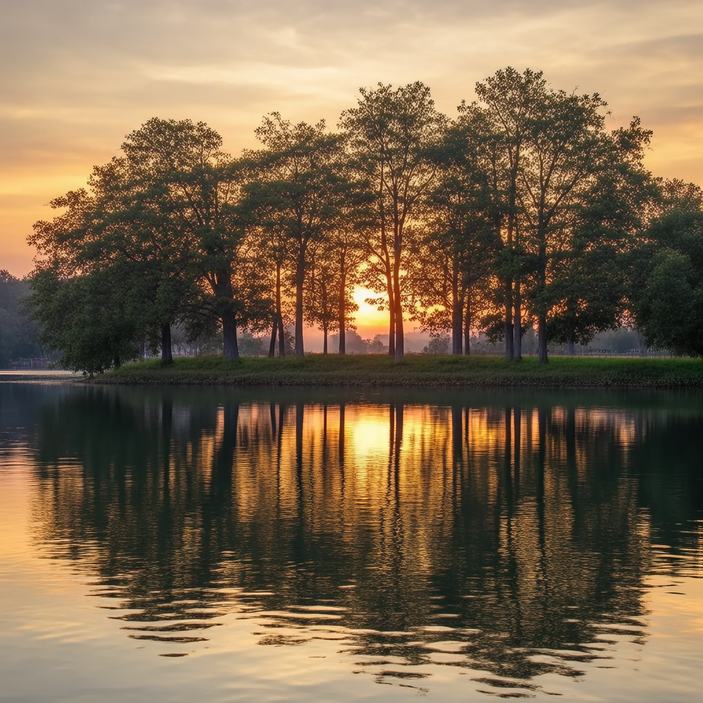A row of trees reflected in a calm lake at sunset, with the 