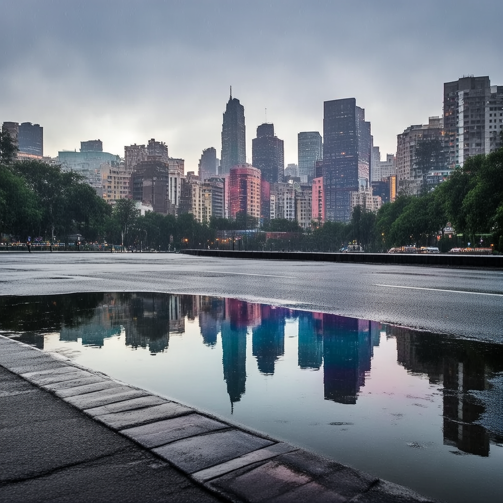 A city skyline reflected in a rain puddle on a street, with 