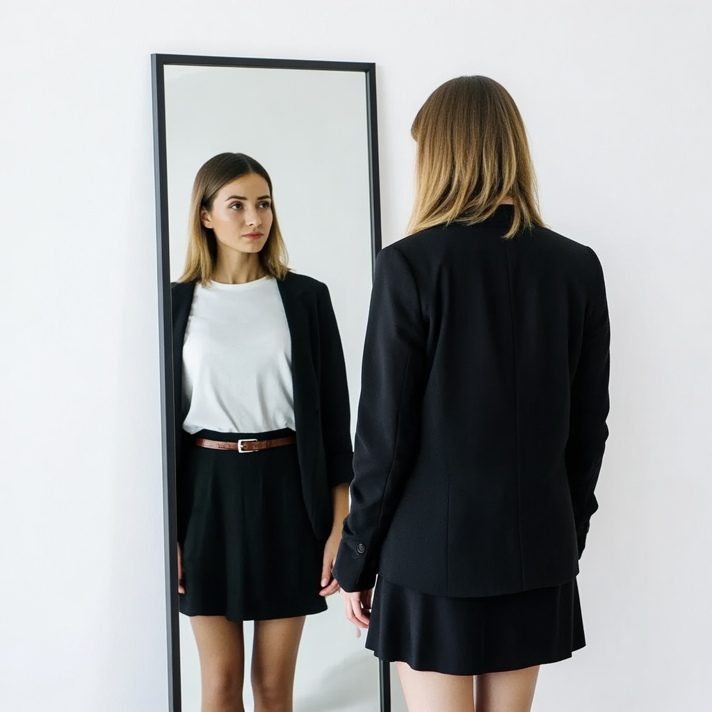 A woman standing in front of a full-length mirror, her refle