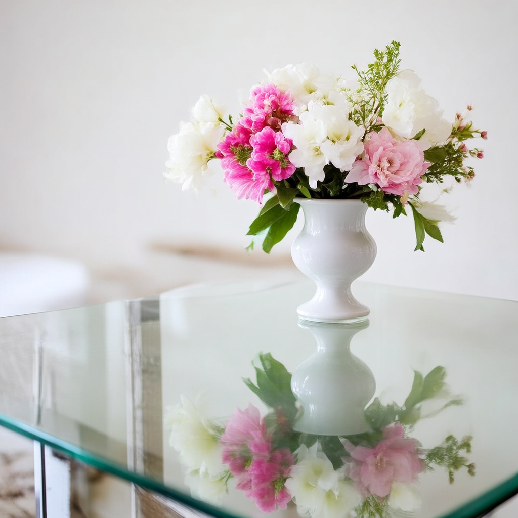 A vase of flowers on a glass table with a clear reflection v