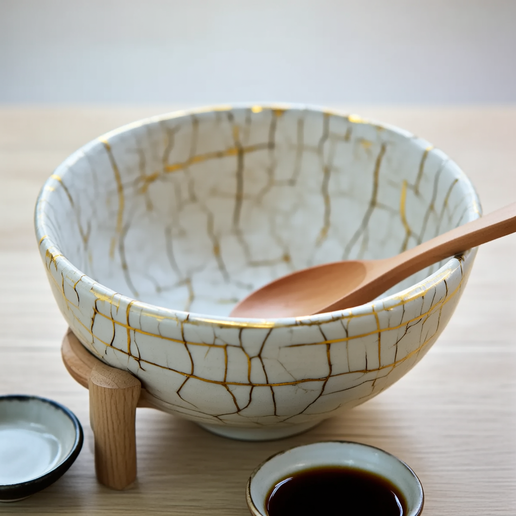 A Japanese kintsugi bowl — cracked ceramic repaired with vis