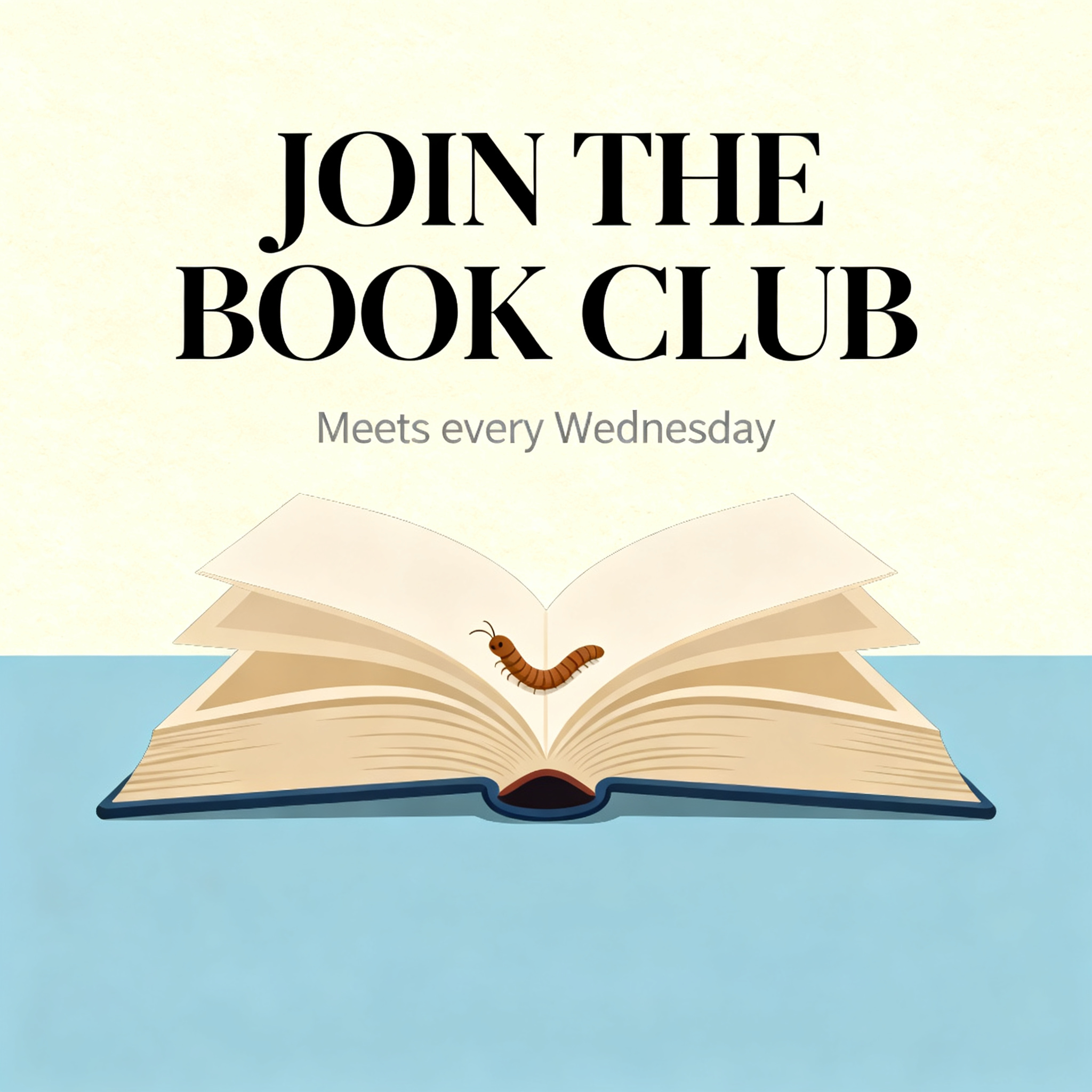 A book club poster with an open book illustration, the title