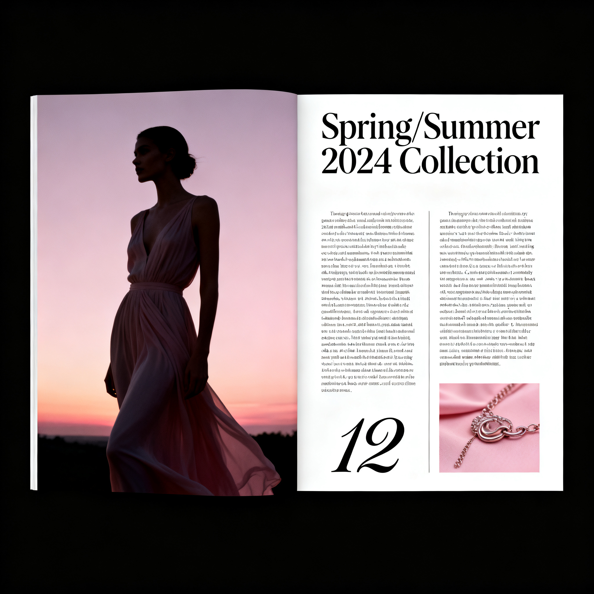 A fashion magazine spread with a full-bleed left-page photo,