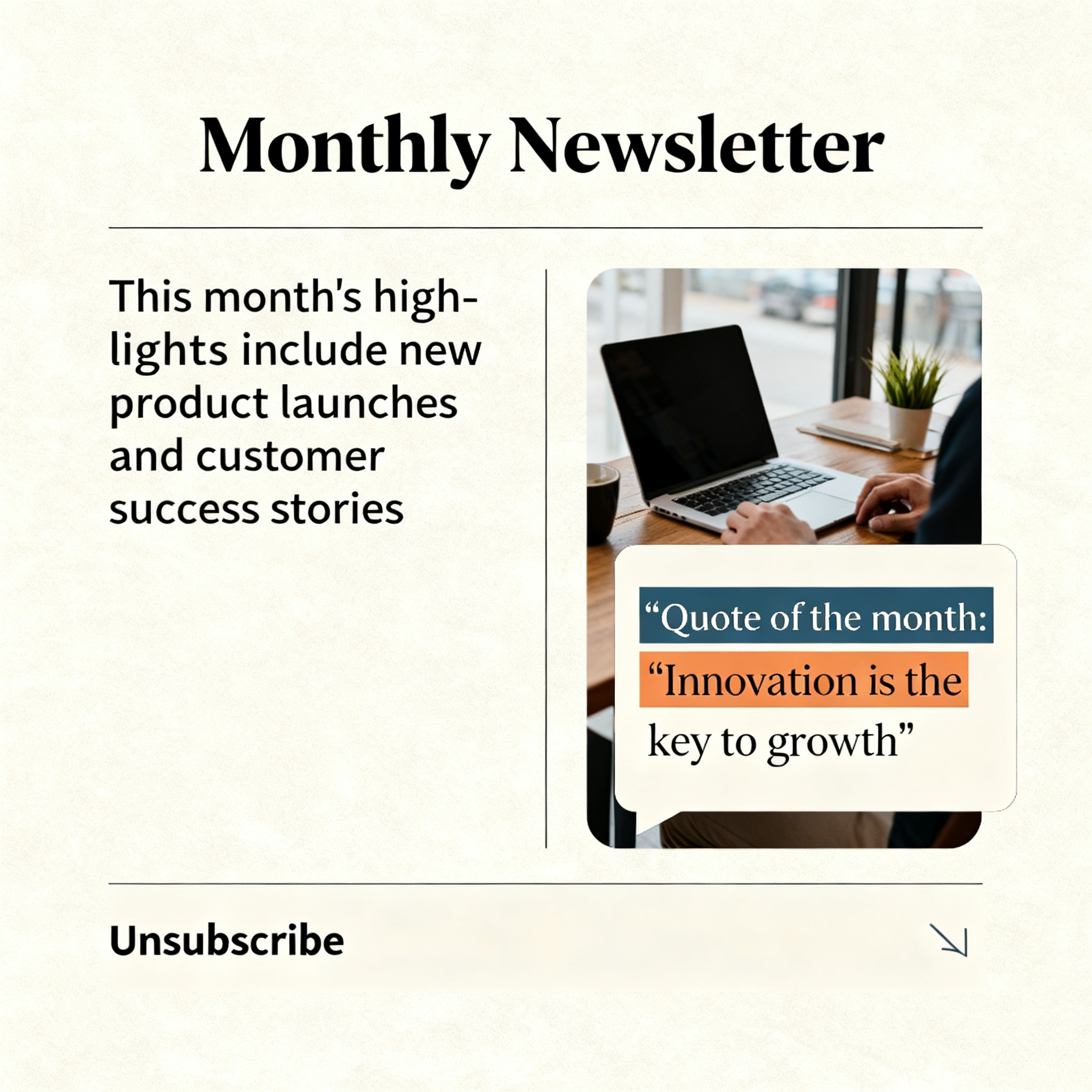 A newsletter layout with a banner image header, a two-column