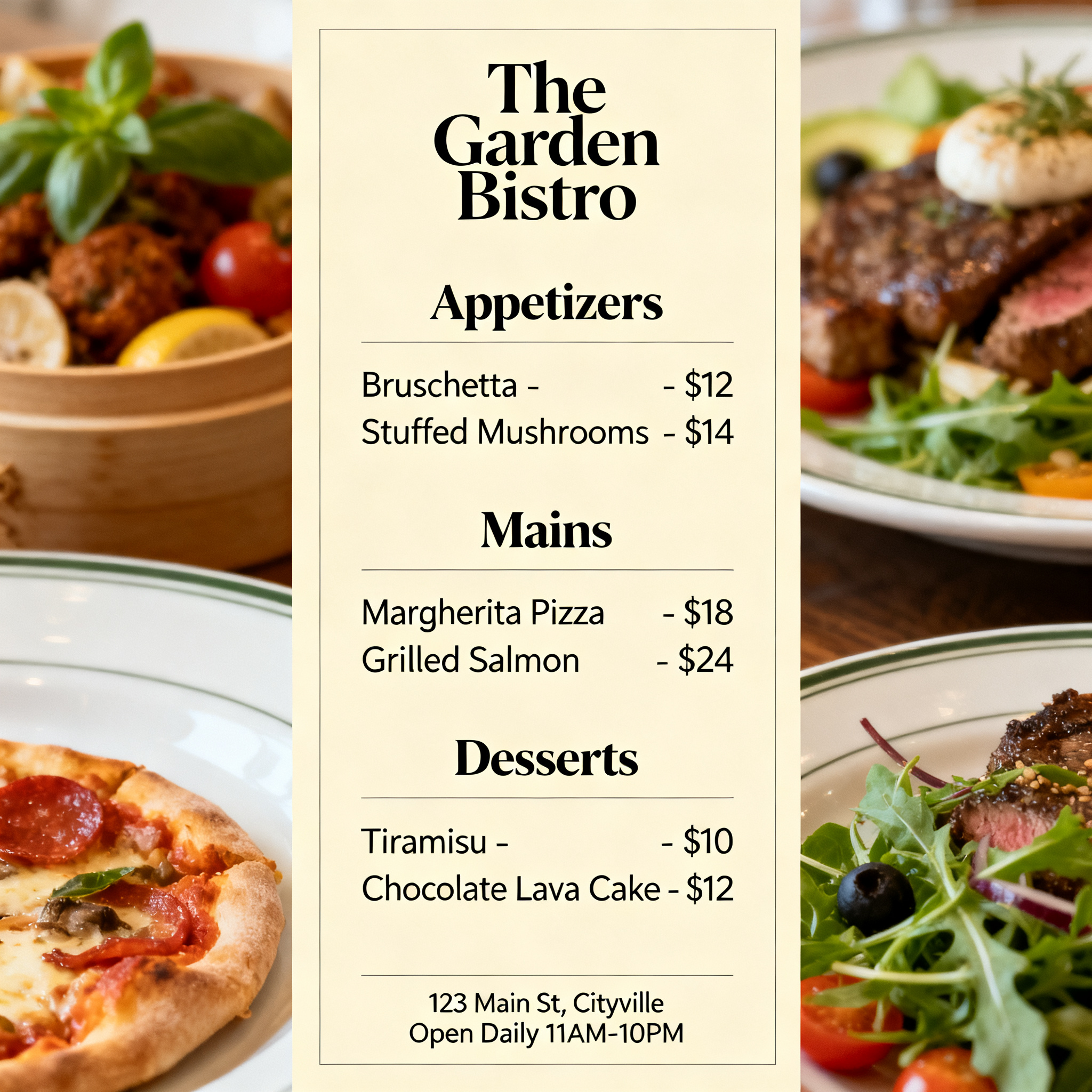 A restaurant menu layout with a logo header, three category 