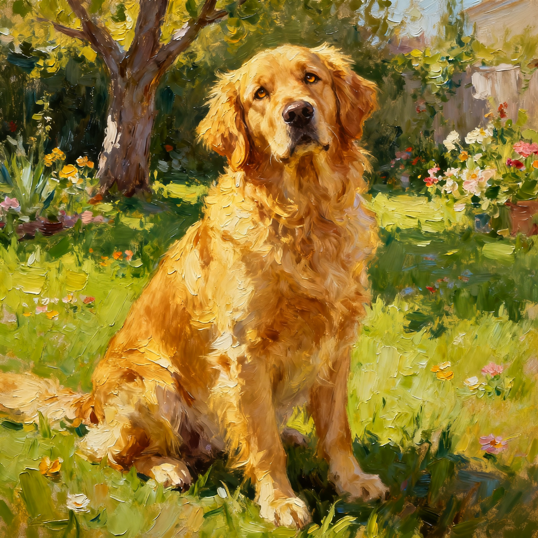 A golden retriever sitting in a garden, painted in the style