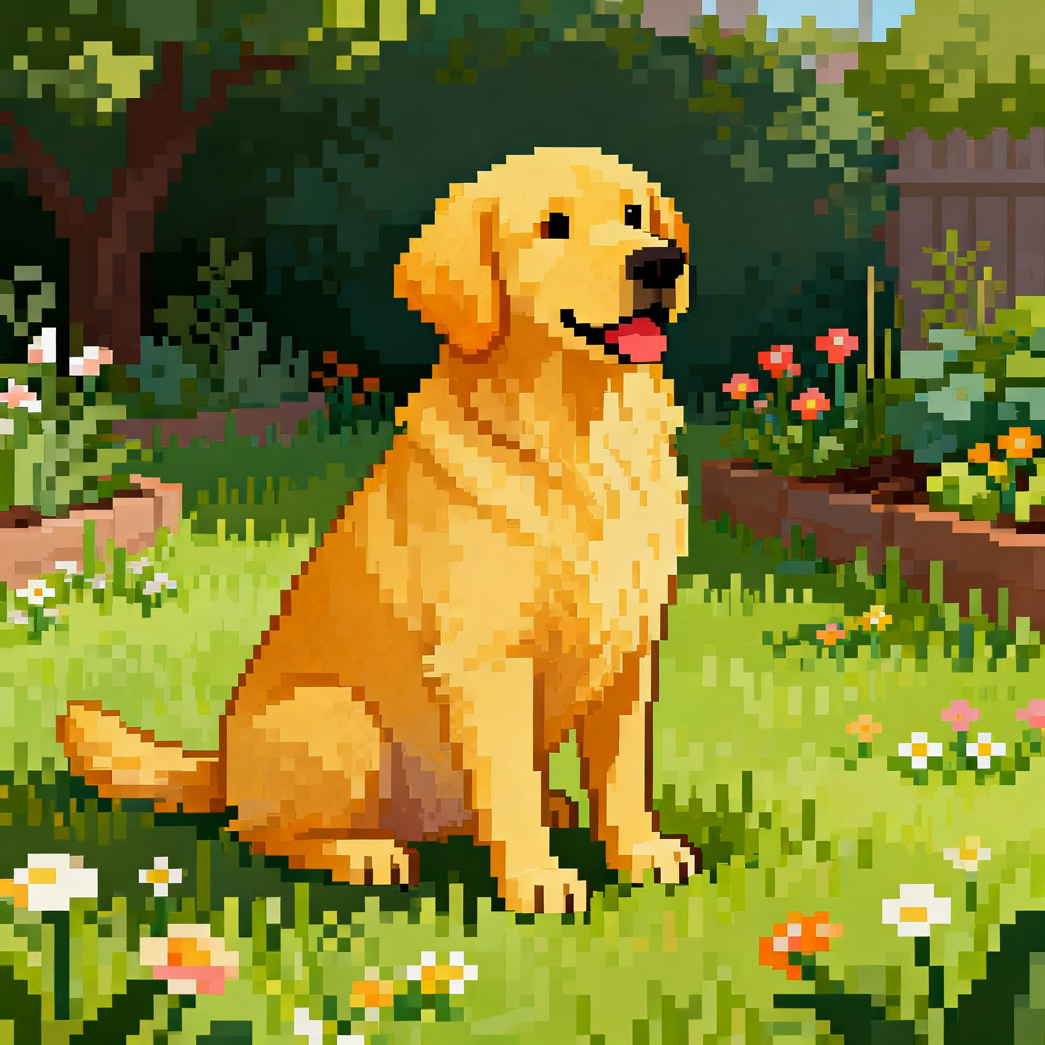 A golden retriever sitting in a garden, rendered in pixel ar