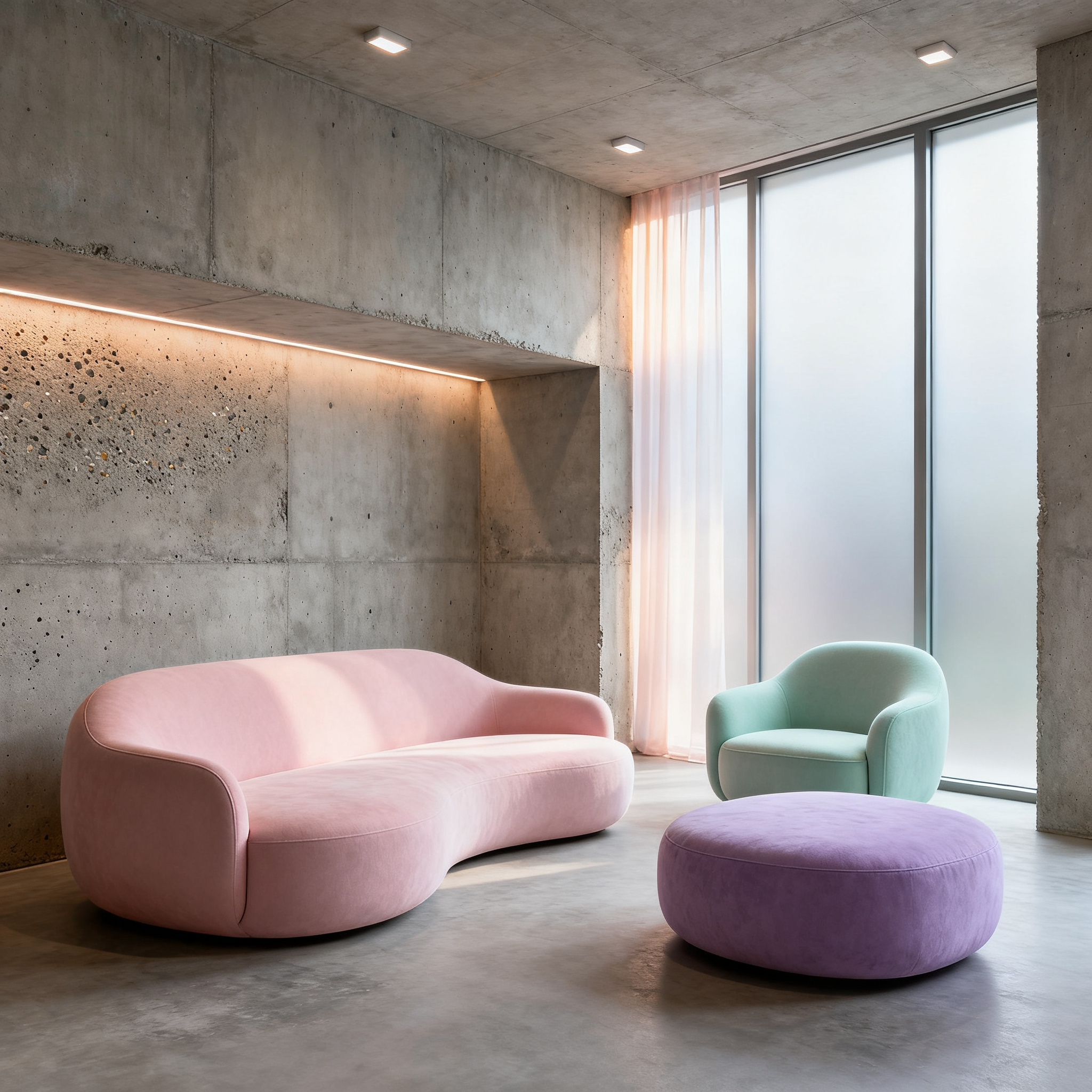 An interior scene rendered in soft brutalism — raw concrete 