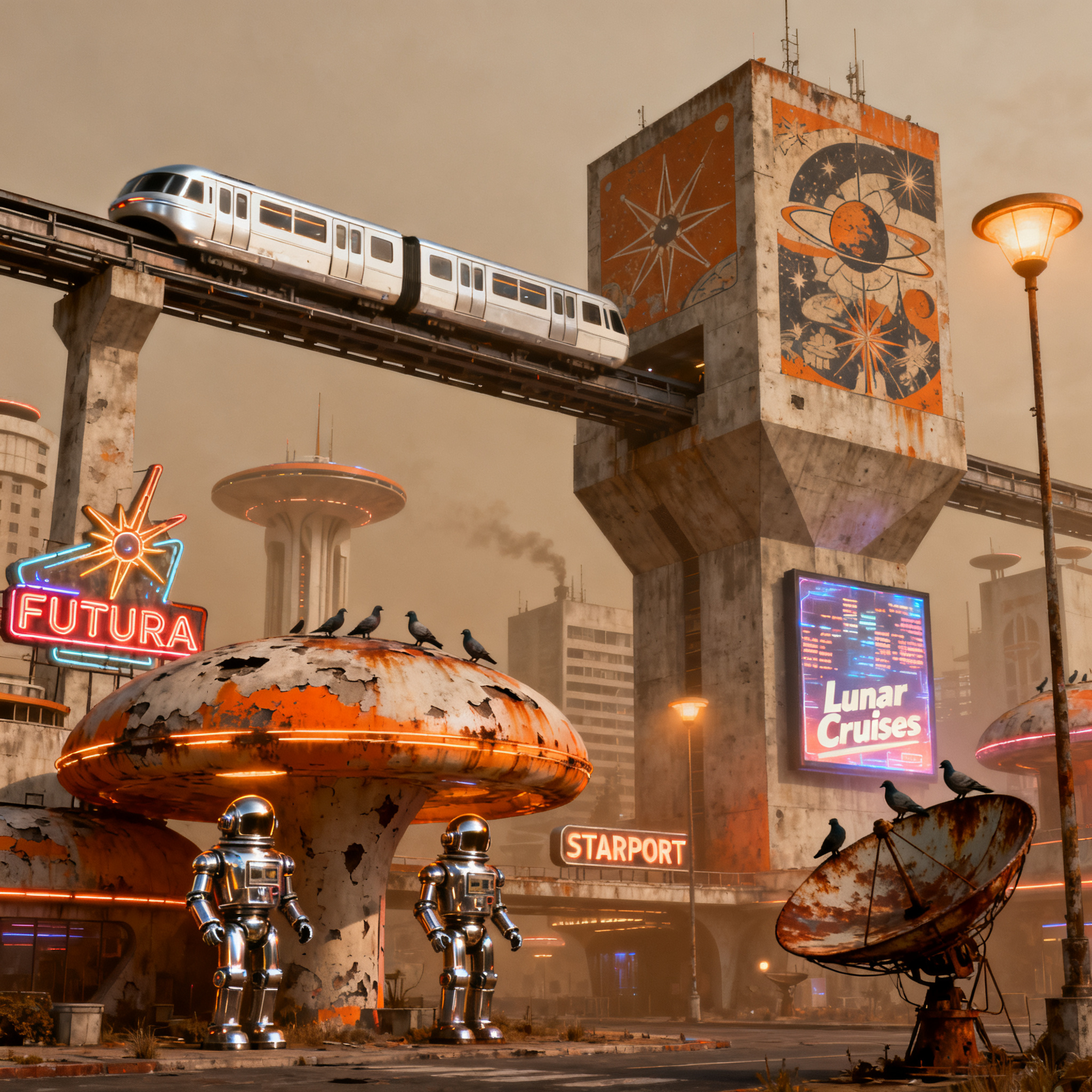 A cityscape rendered in nostalgic futurism — retro-futuristi