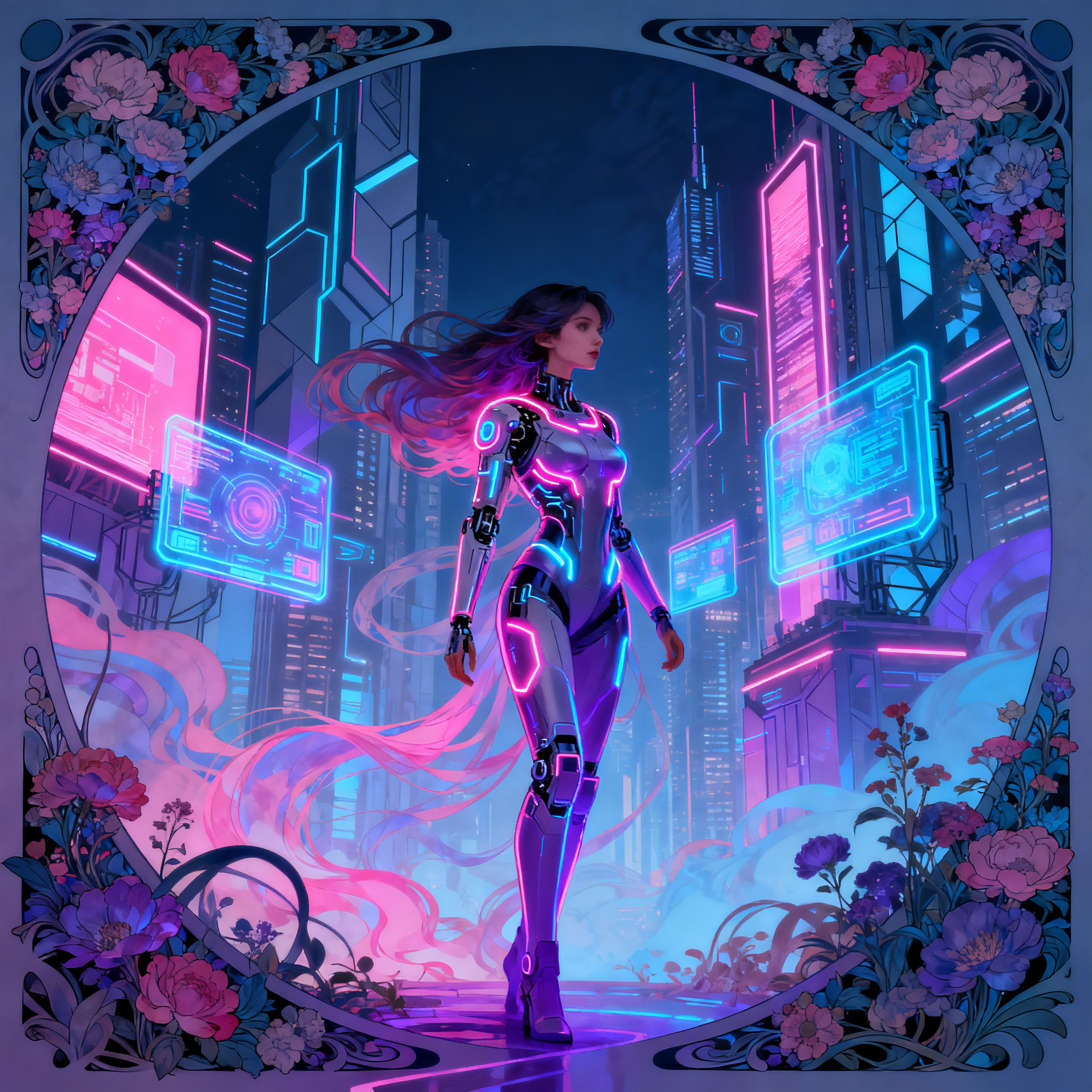 A woman in a futuristic city rendered in cyberpunk Art Nouve