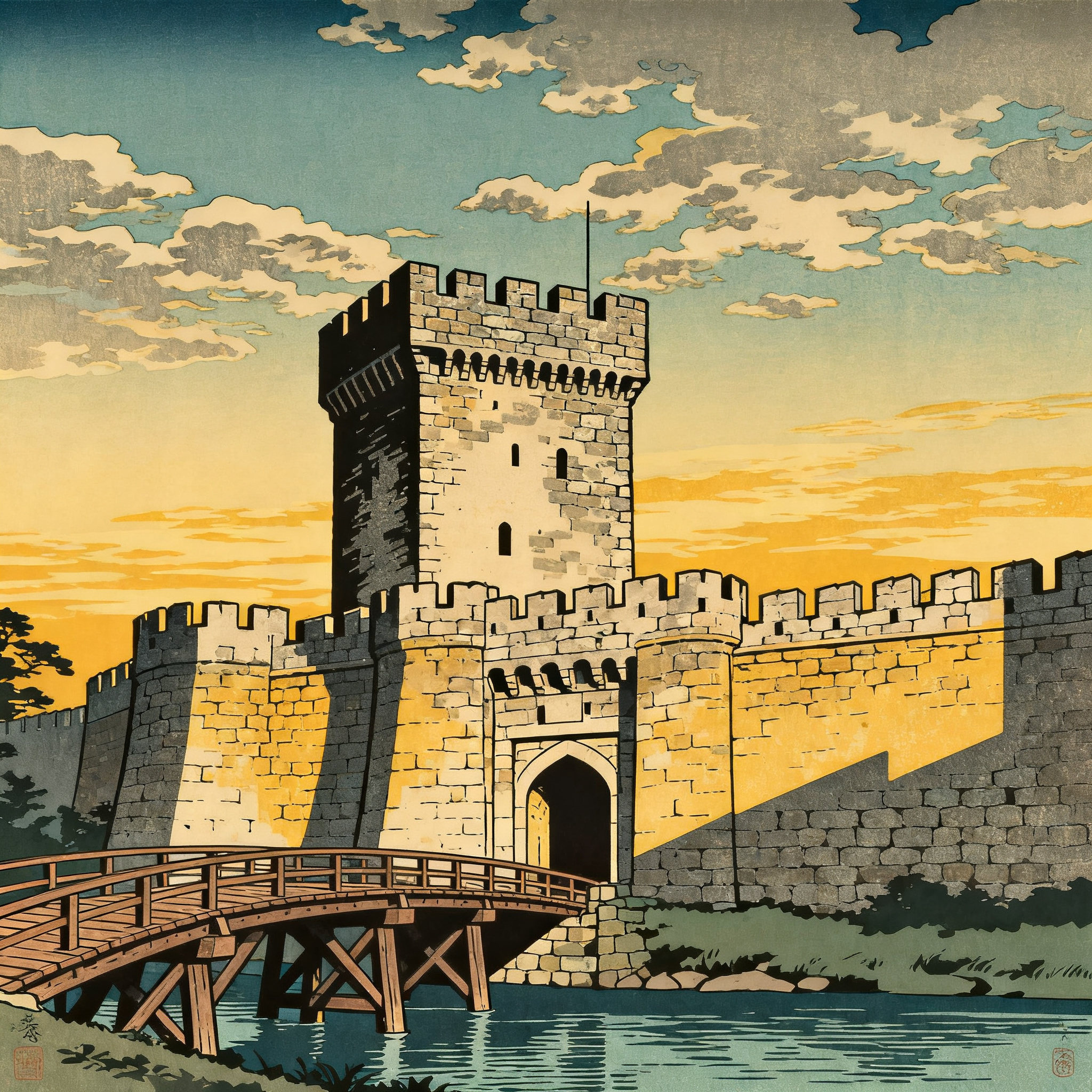 A medieval castle depicted in Japanese ukiyo-e woodblock pri