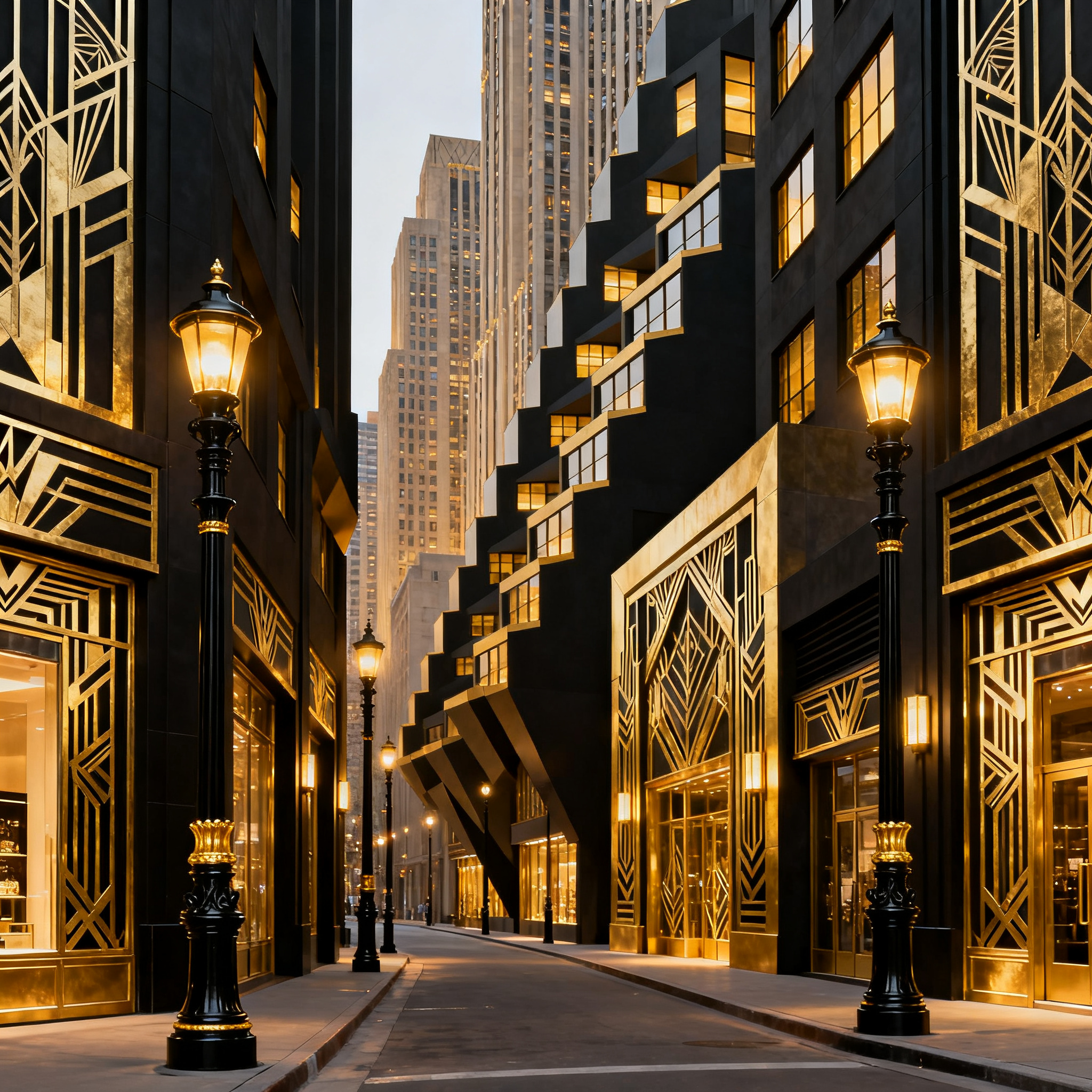 A city street scene in the style of Art Deco — geometric sha