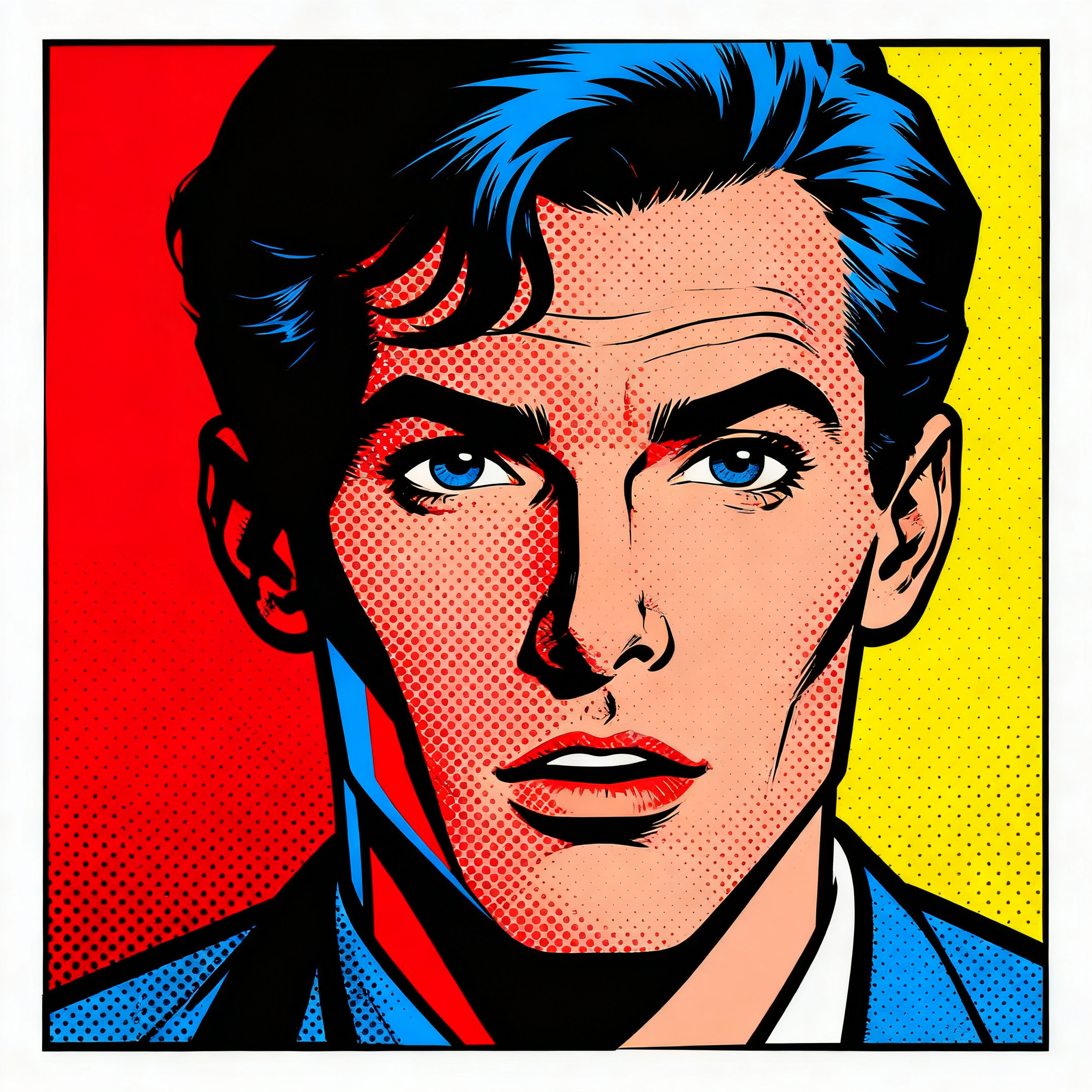 A portrait of a man in Pop Art style — bold outlines, Ben-Da