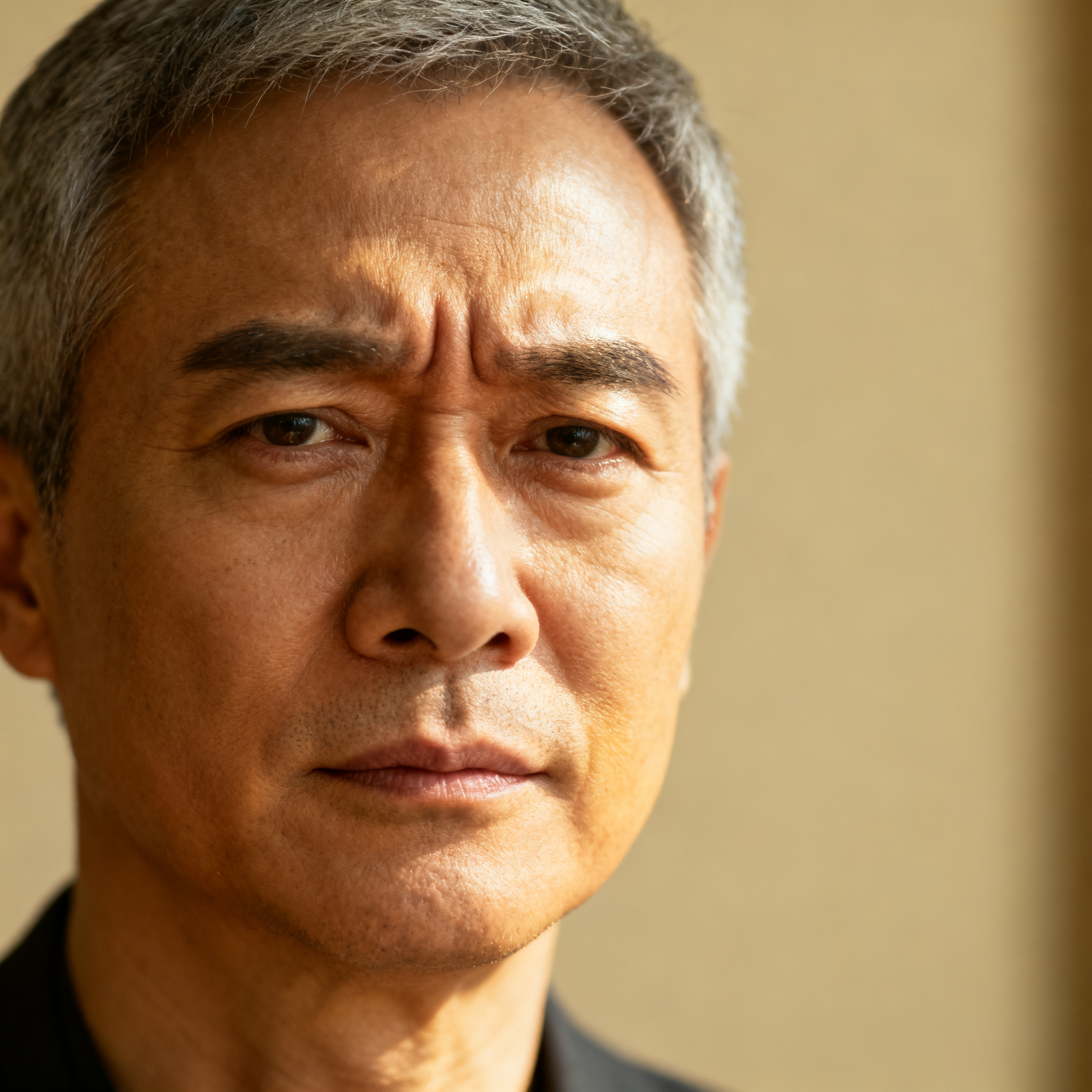 A portrait of a middle-aged man with a calm, serious express