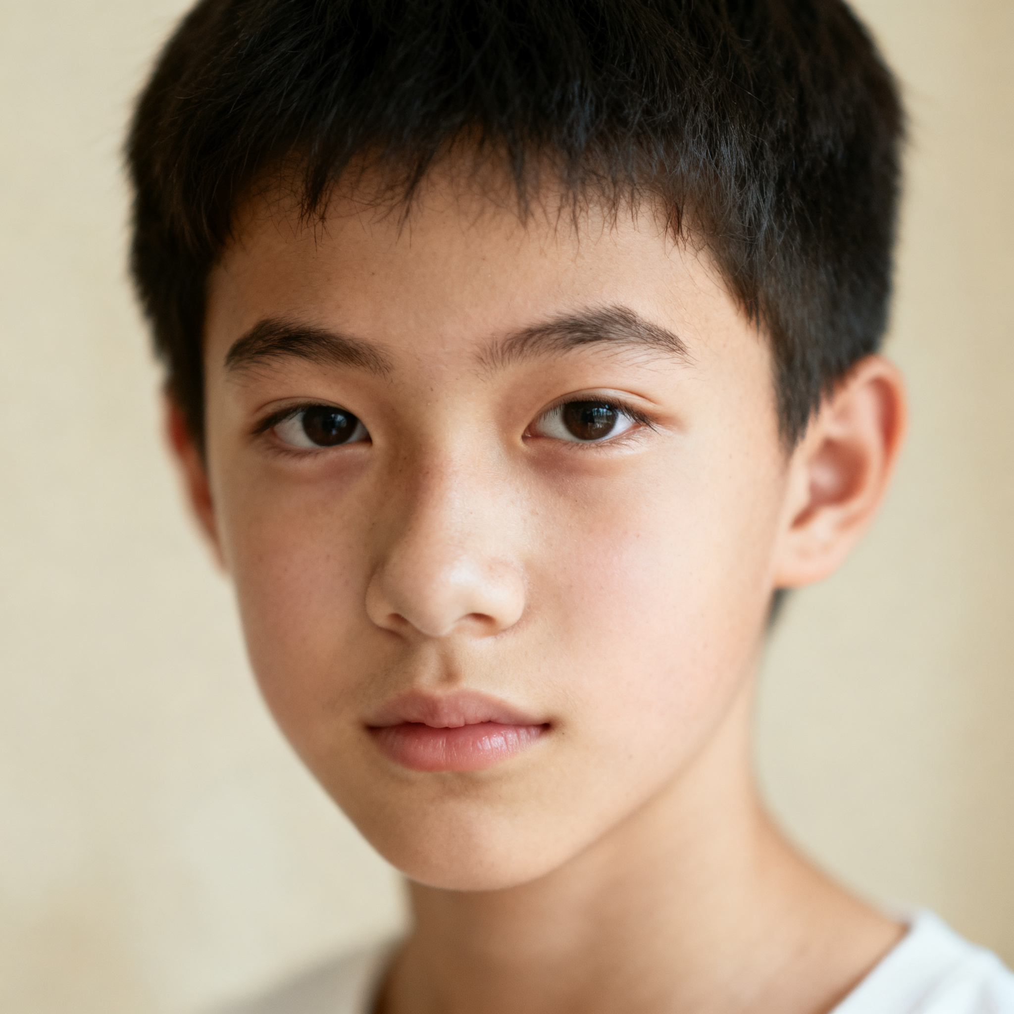 A headshot of a teenager with a relaxed, neutral face