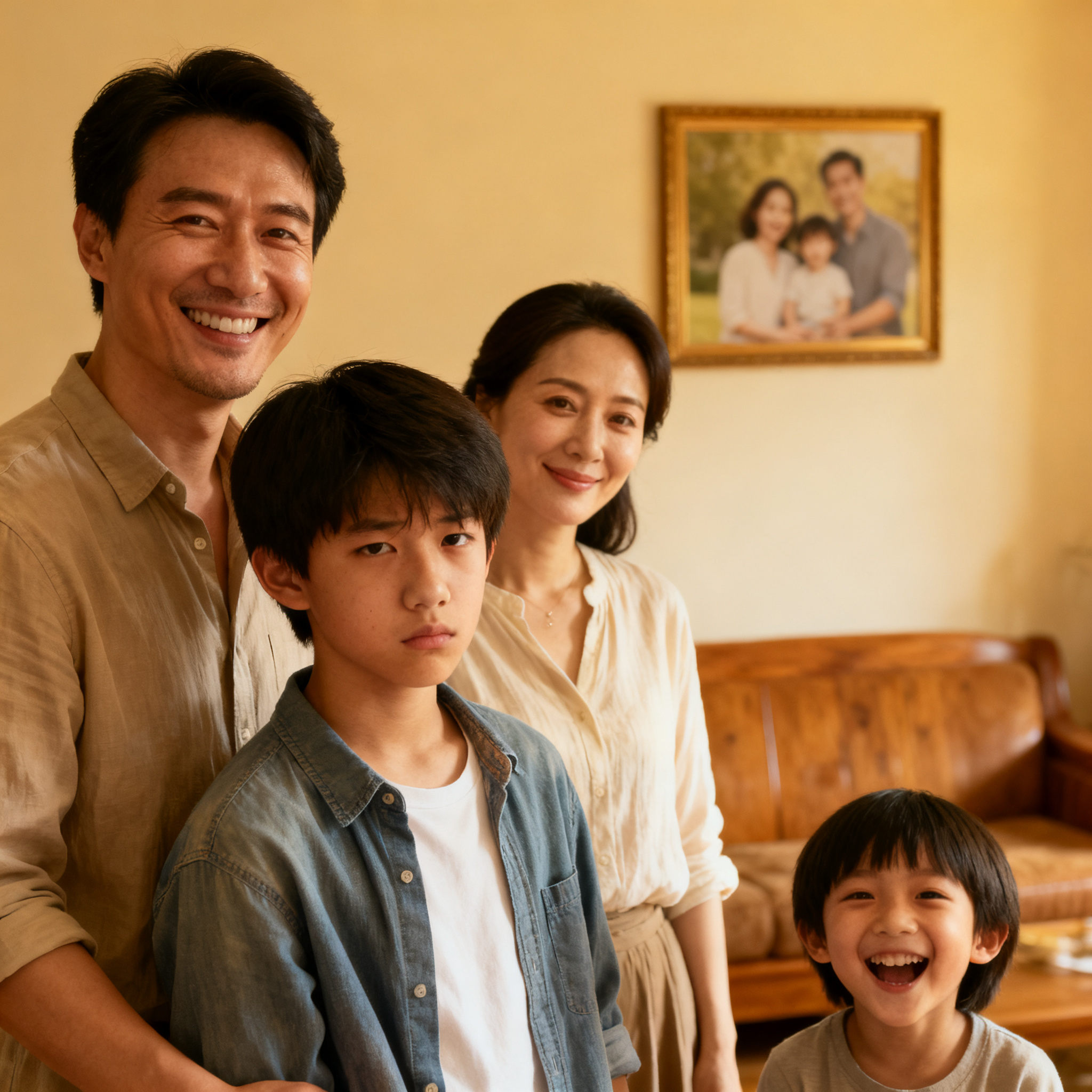 A family photo with four people: a father beaming with pride