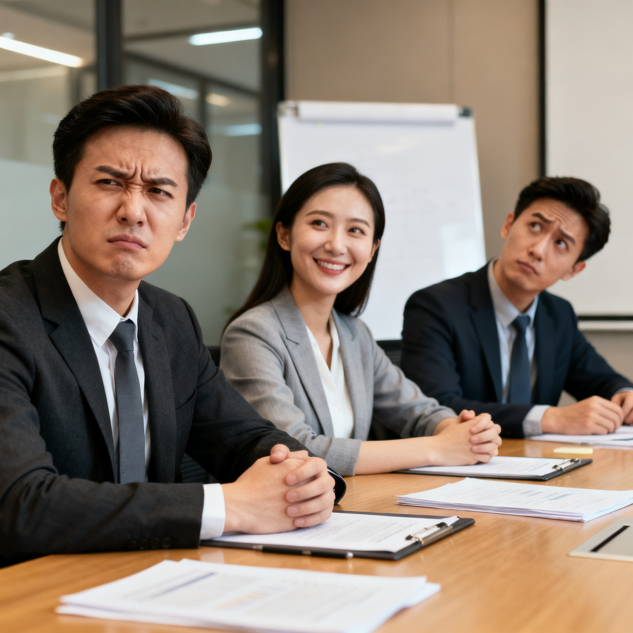 Three coworkers in a meeting: one looking frustrated with fu