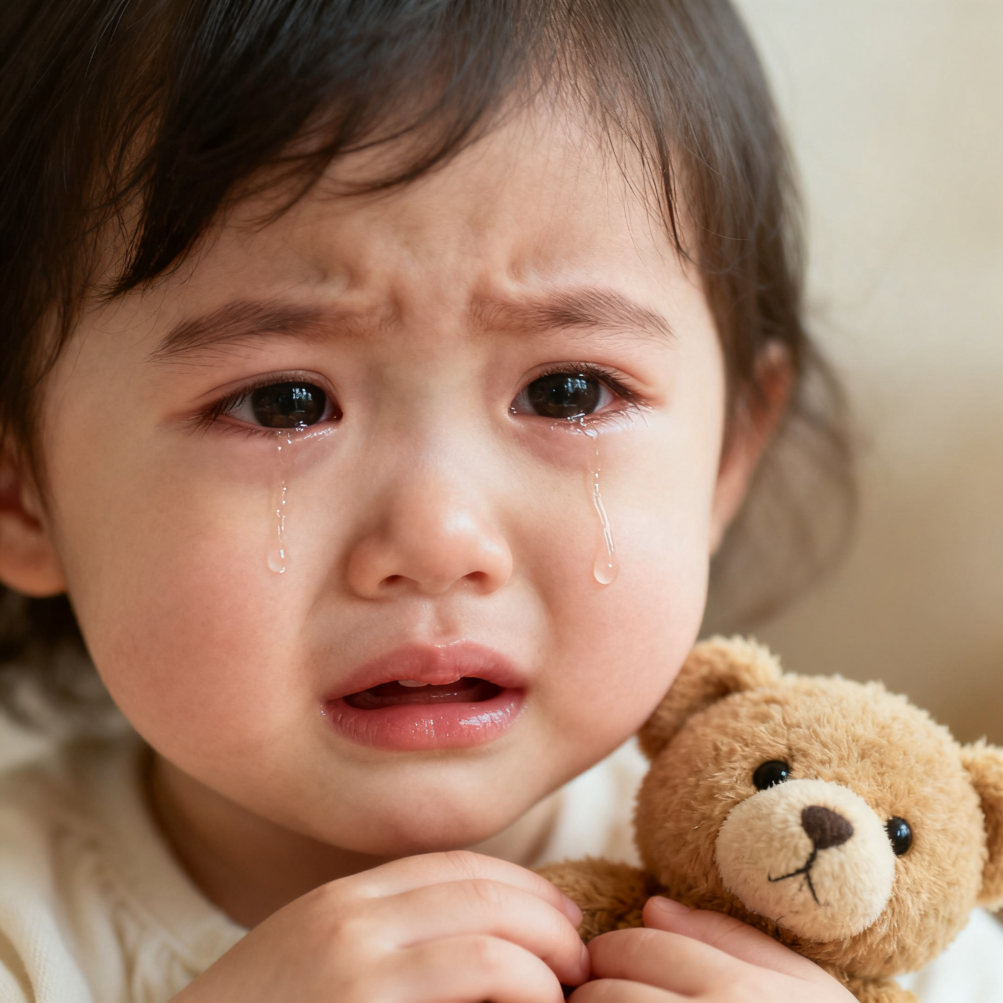 A 5-year-old child with round cheeks and large eyes, crying 