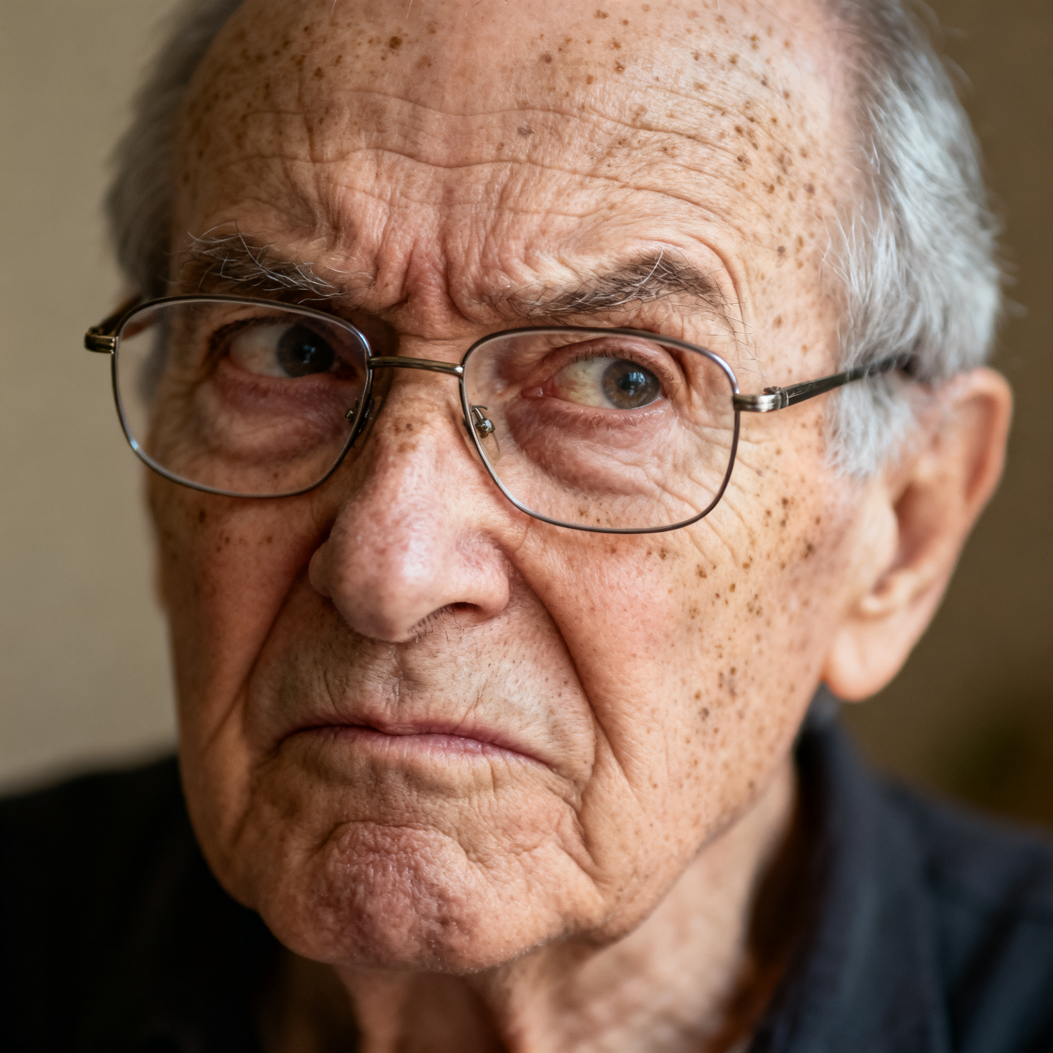 An elderly man in his 70s with age spots and thinning gray h