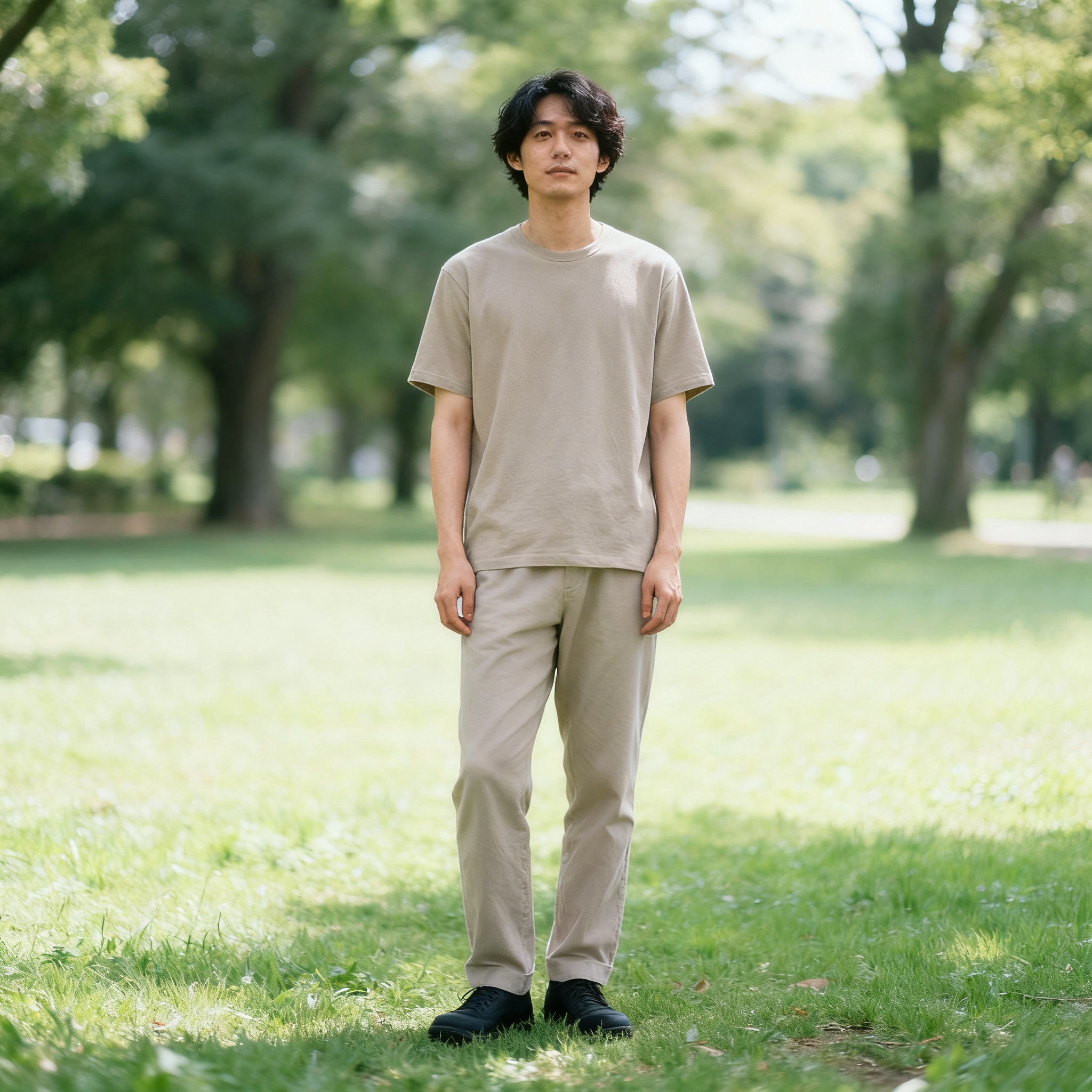 A person standing in a neutral pose in a park, full body vis