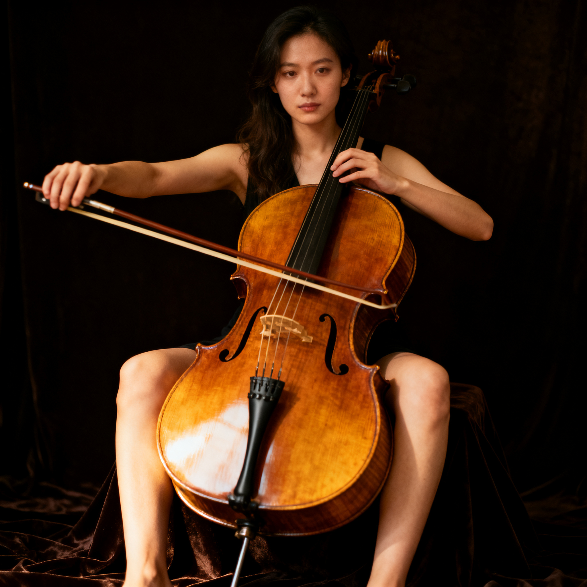 A cellist seated with correct posture, legs around the instr
