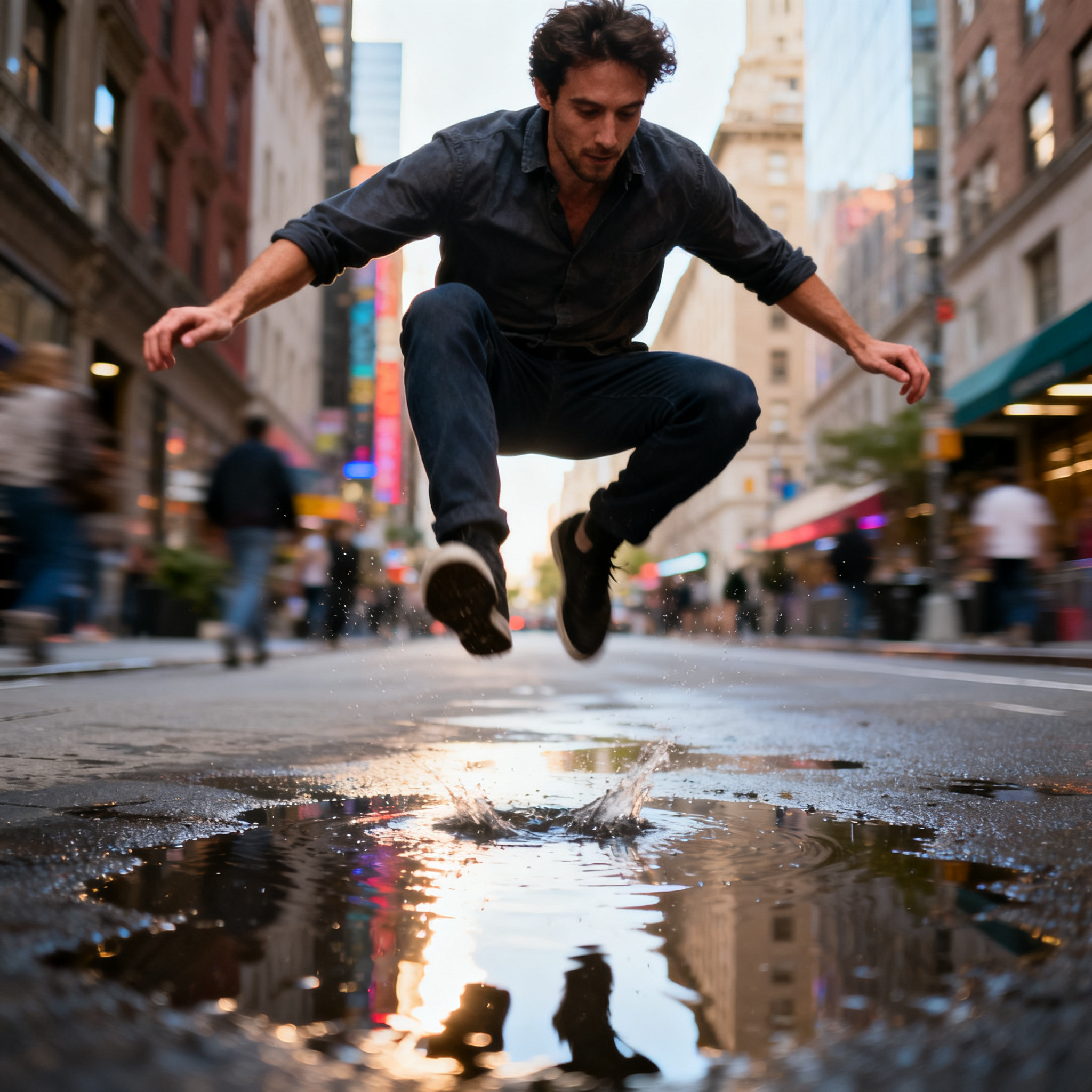 A man captured mid-jump over a puddle, body in the air with 