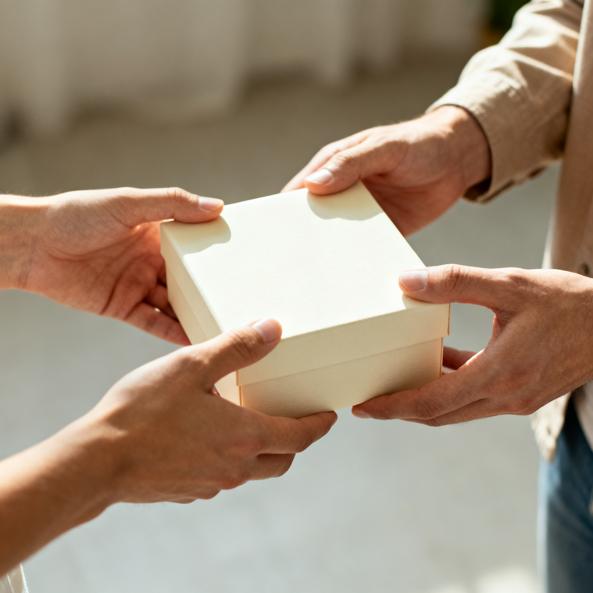 One person handing a small gift box to another person, both 