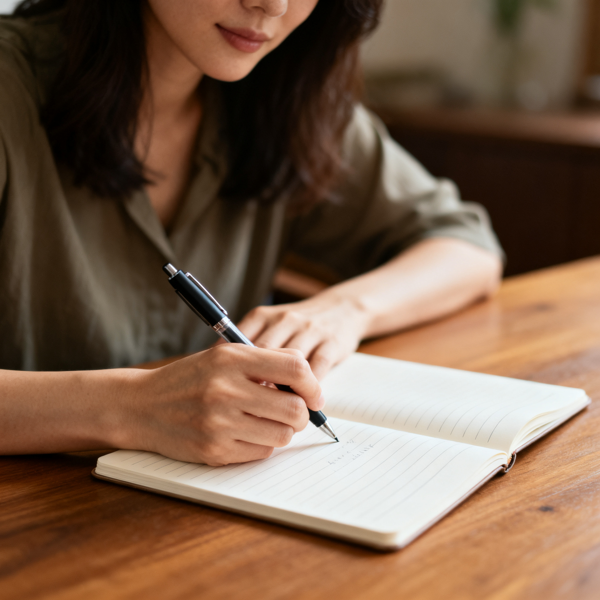 A woman writing in a notebook with a pen gripped correctly i