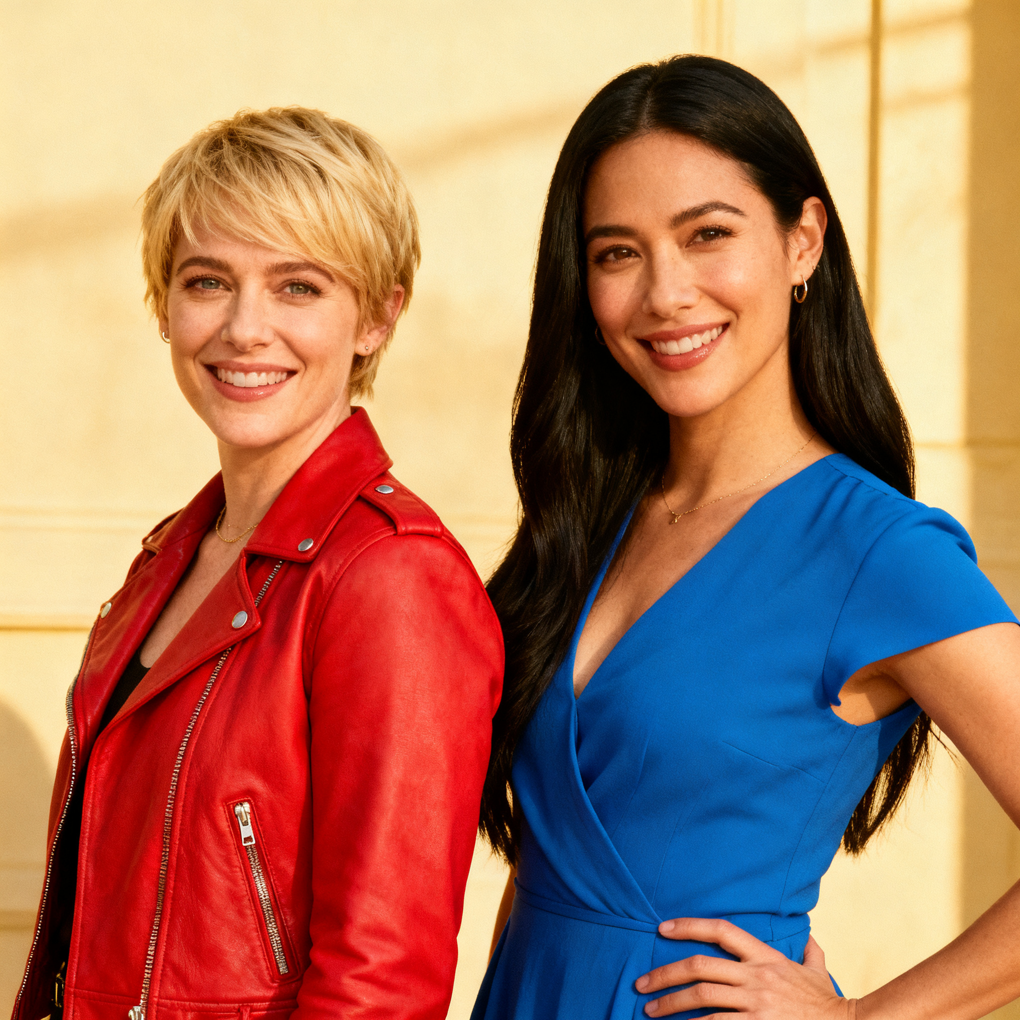 Two women standing side by side: one with short blonde hair 