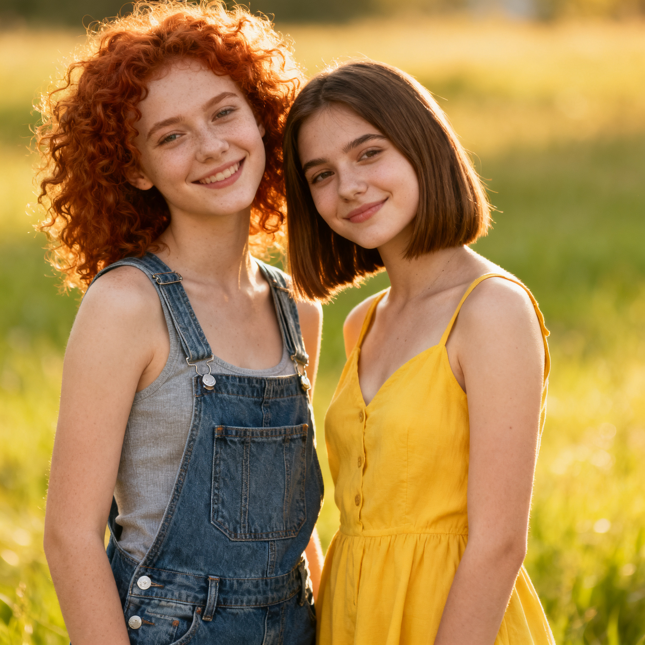 Two friends posing: one tall with curly red hair in denim ov