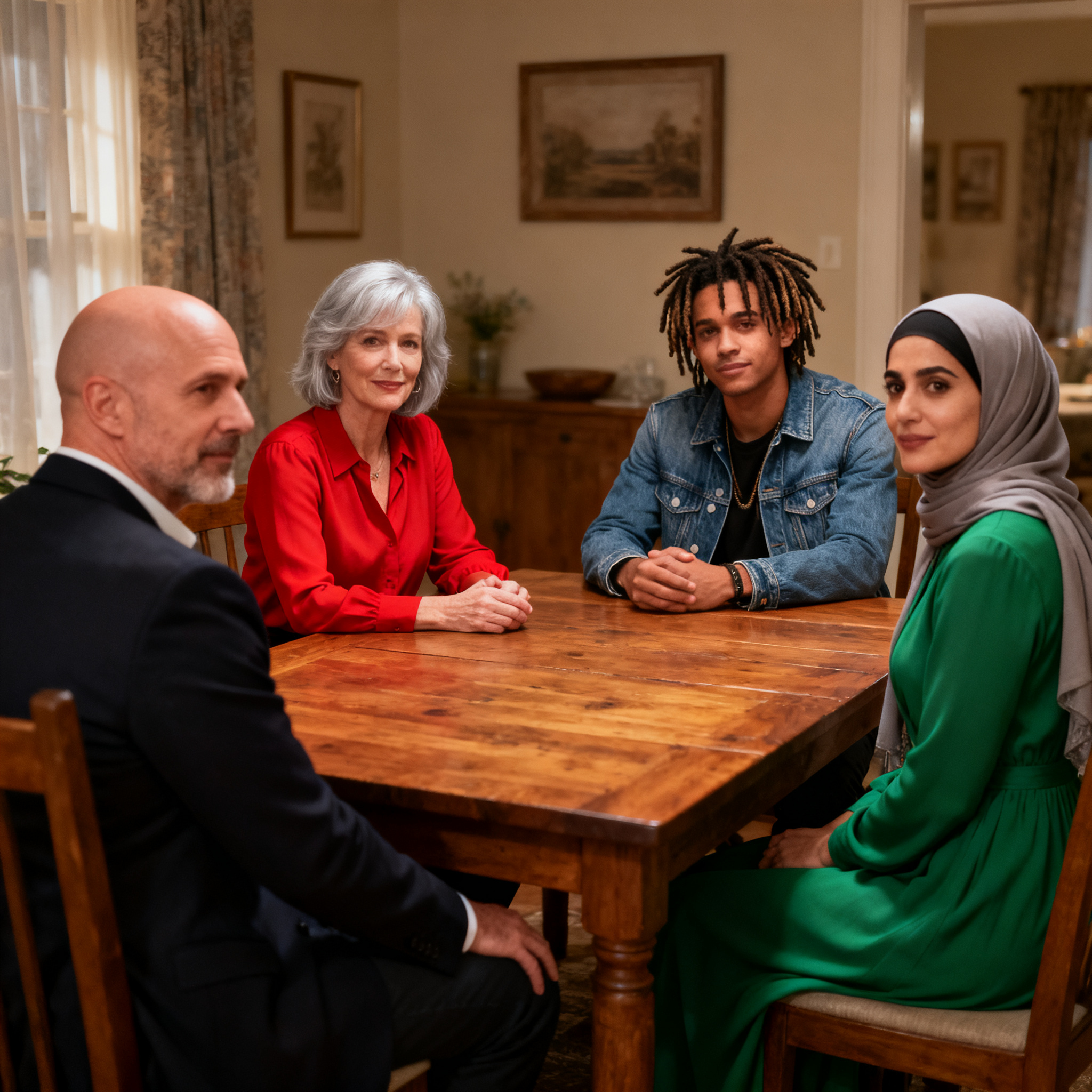 Four people at a dinner table: a bald man in a suit, a woman