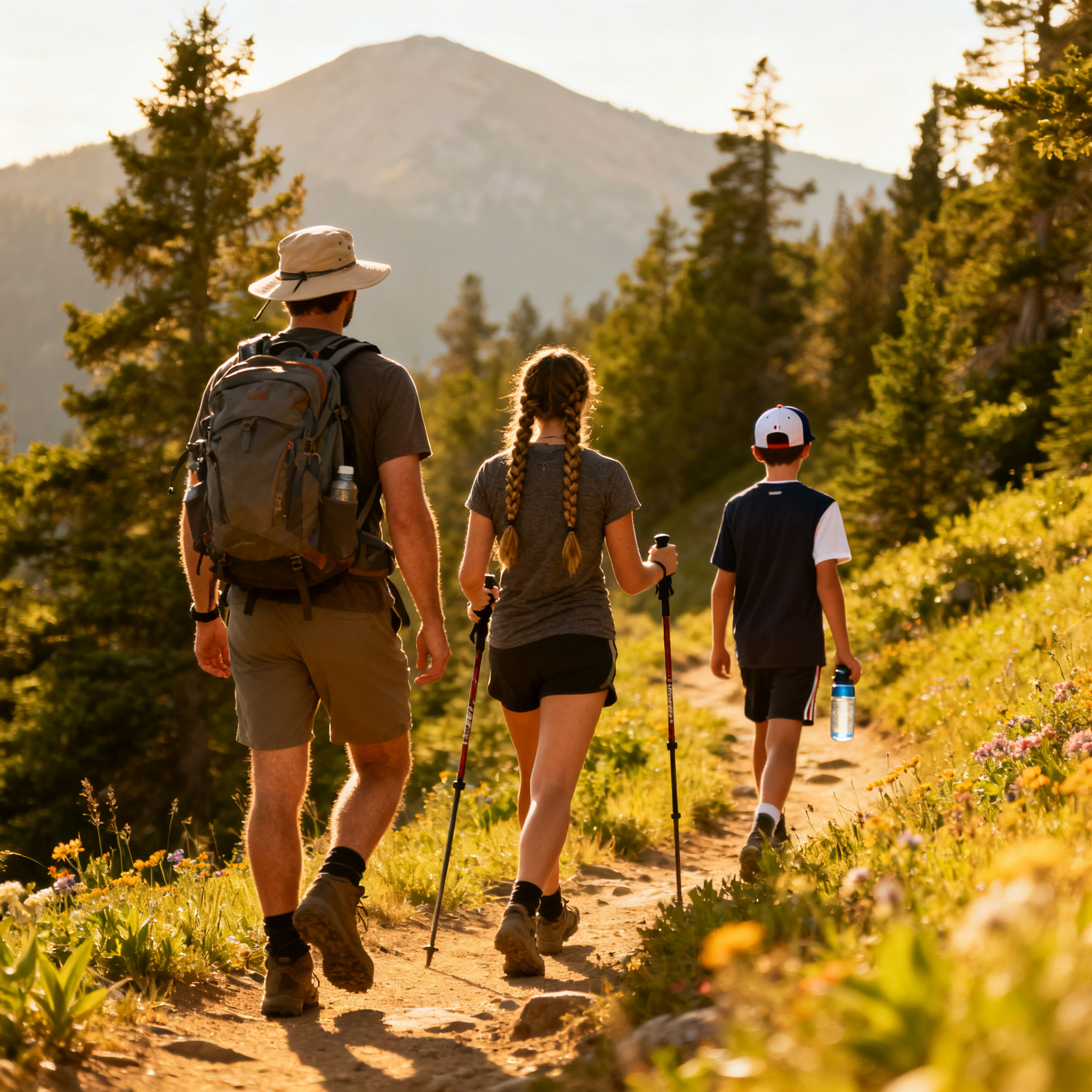 Three hikers on a trail: a man with a backpack and sunhat, a
