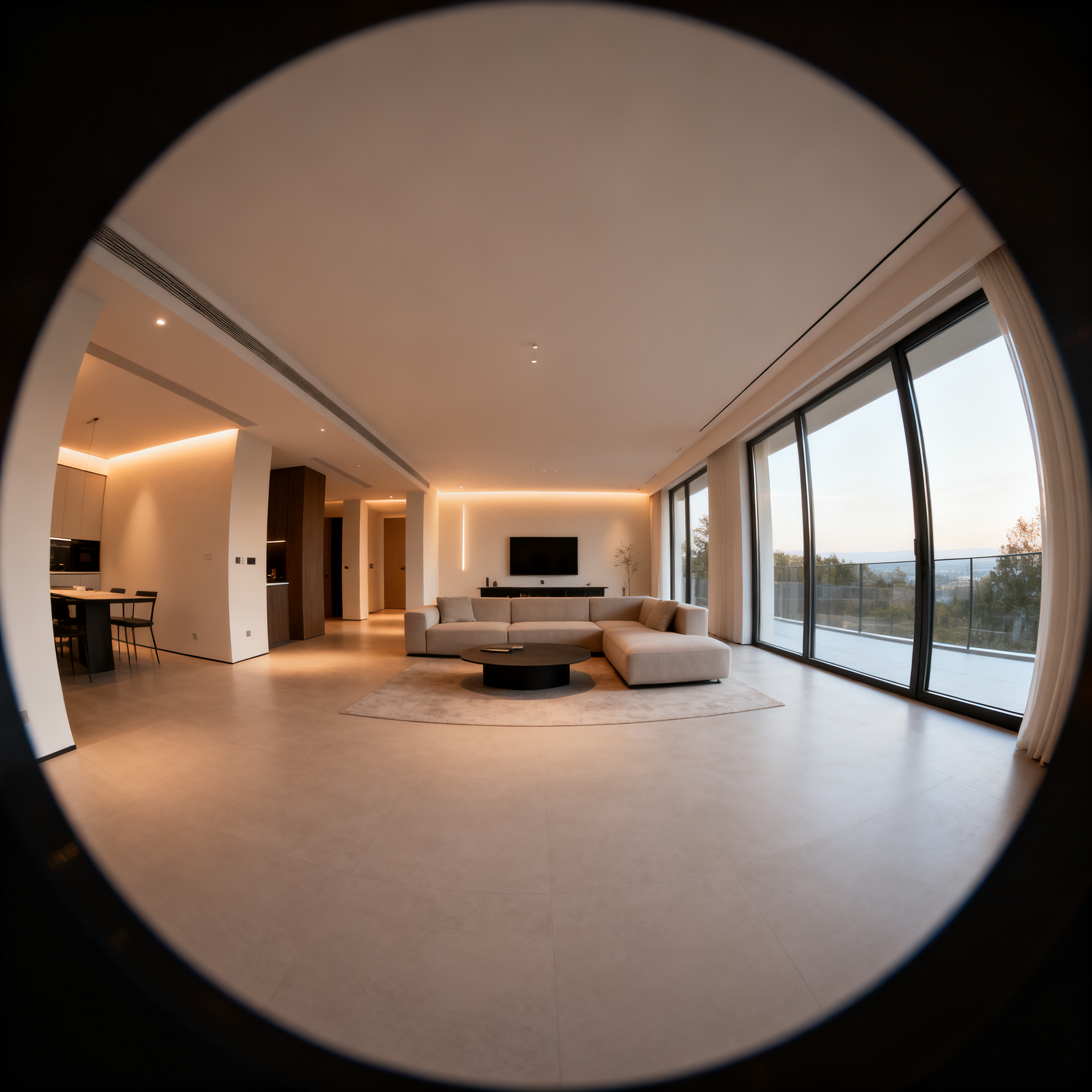 A wide-angle shot of a modern living room interior showing e