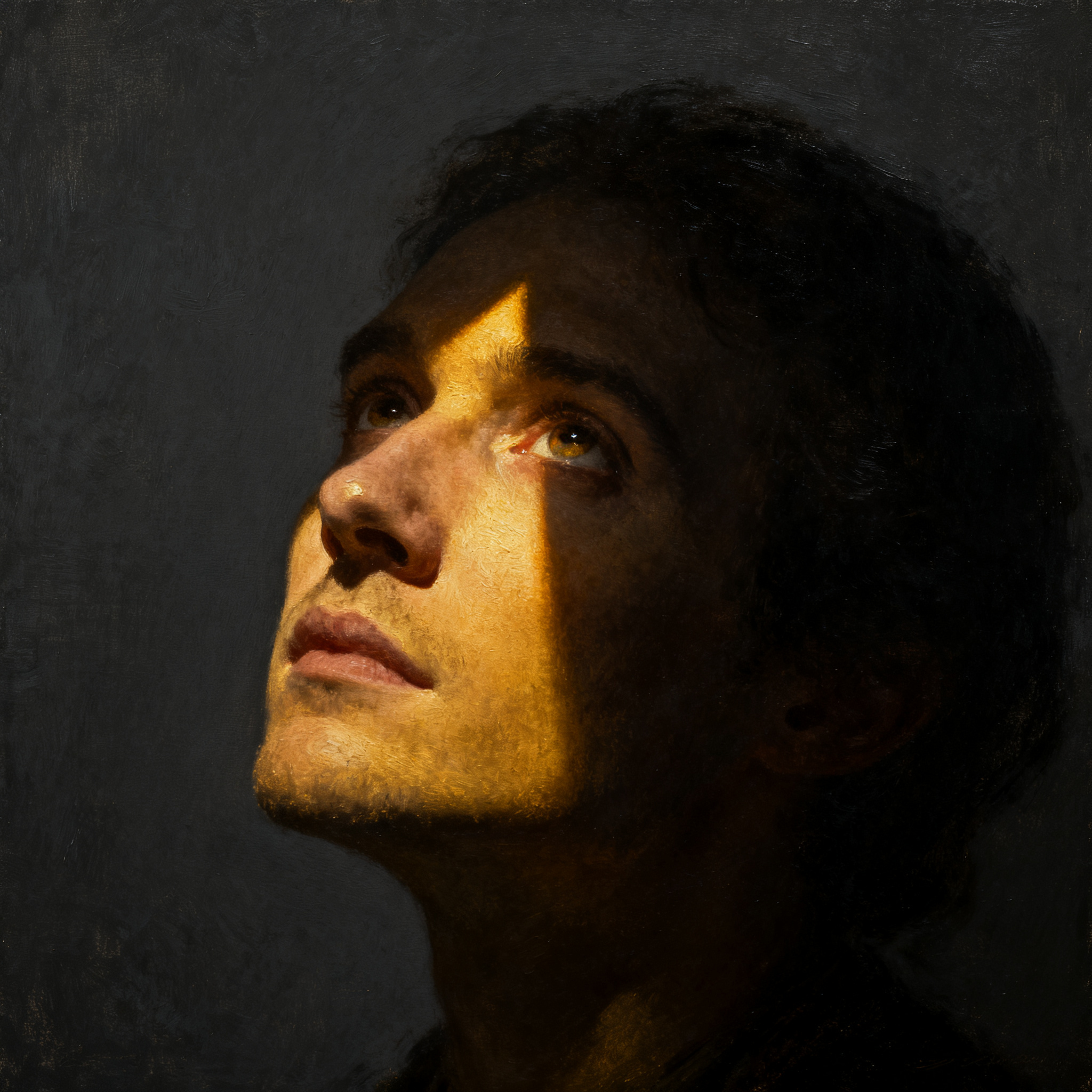 A portrait lit with classic Rembrandt lighting — triangle of