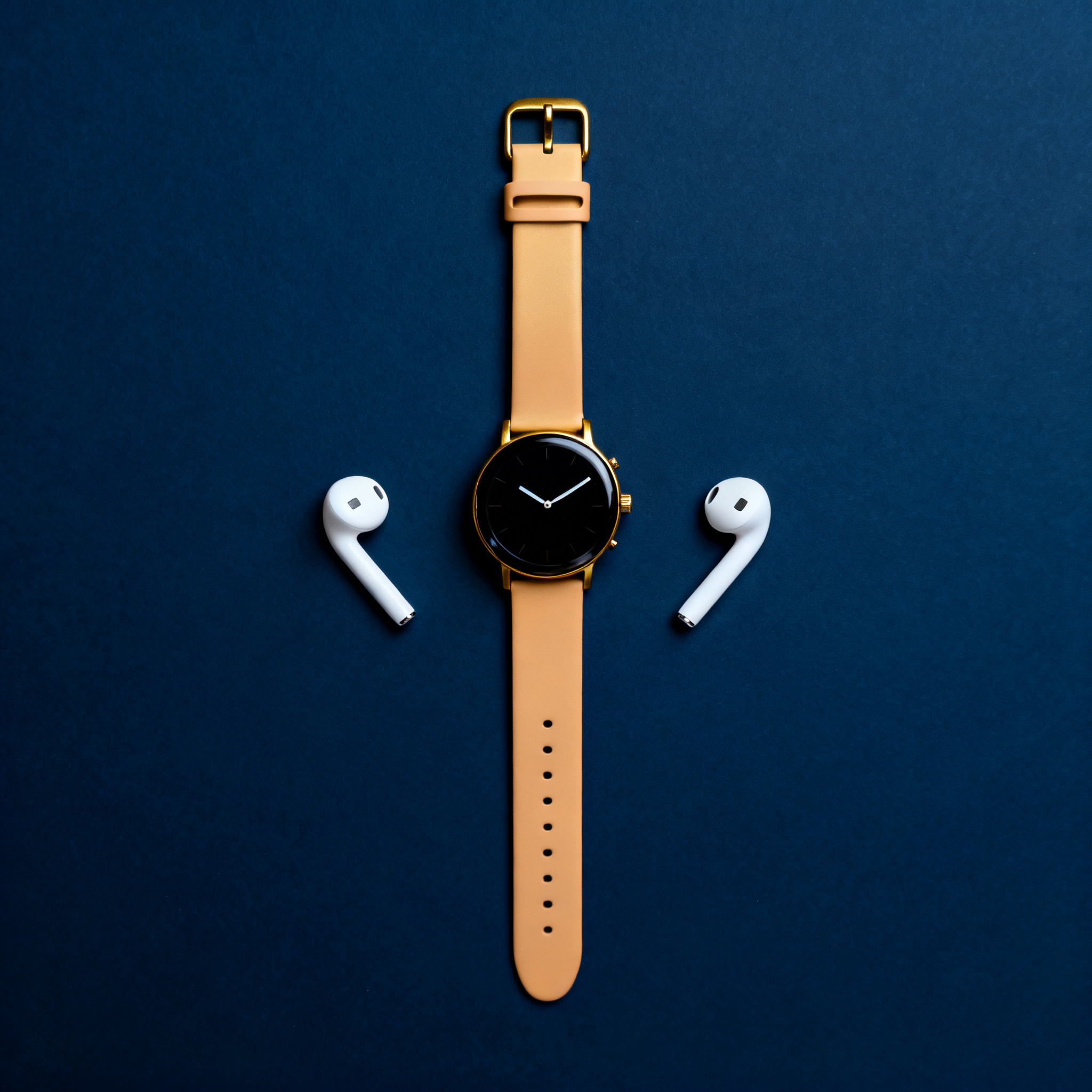 A product flat-lay on a #1A1A2E (deep dark blue) background,